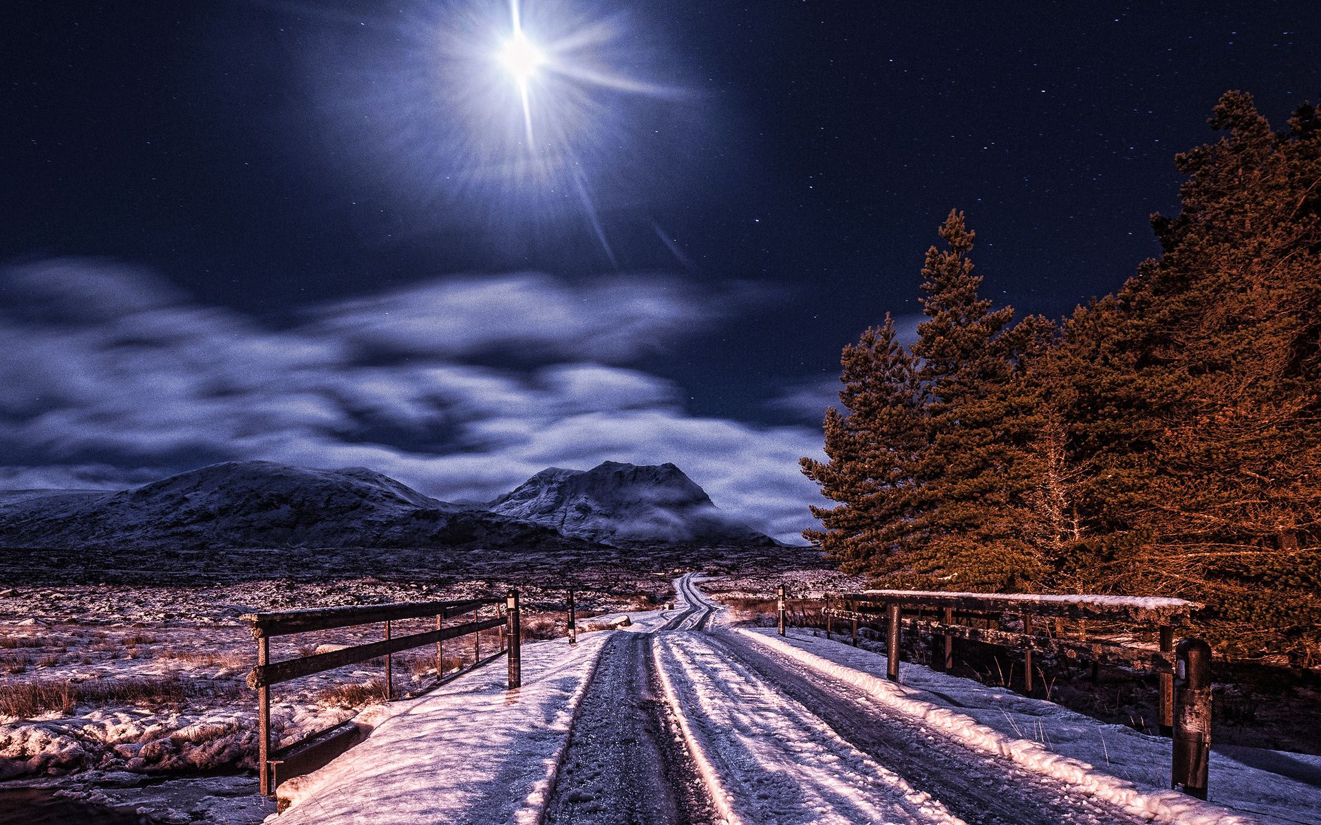 Mountain road night stars moon wallpaperx1200