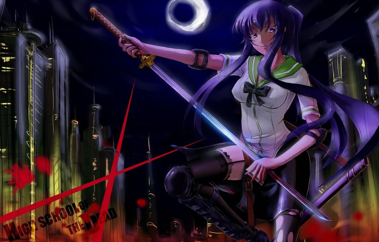 Wallpaper girl, katana, anime, art, Highschool of the Dead, Saeko