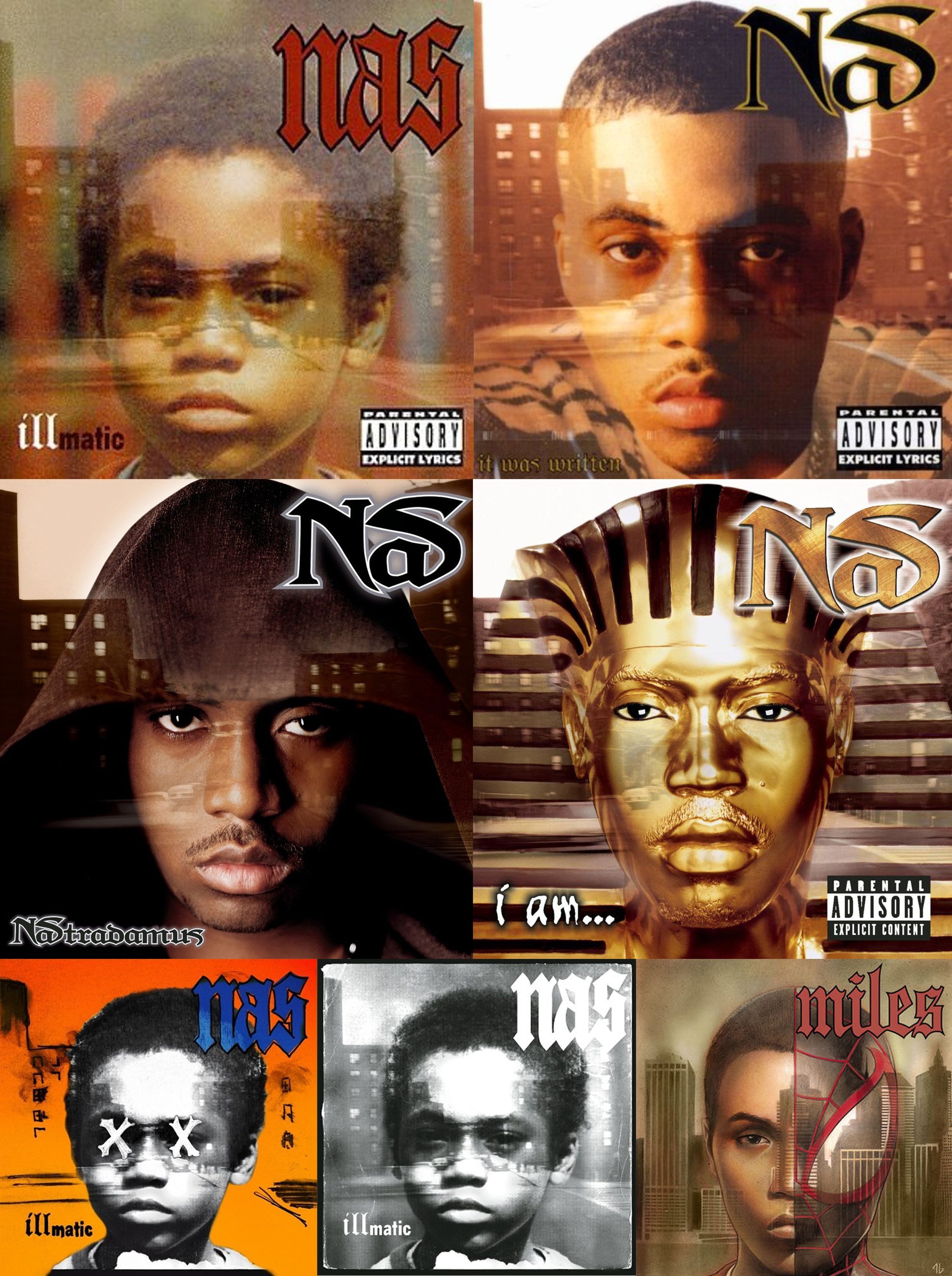 Nas album covers.1994 Illmatic, It Was Written, Nastradamus & I Am plus Illmatic 10th and 20th Anniversary co. Nas albums, Hip hop world, Hip hop classics