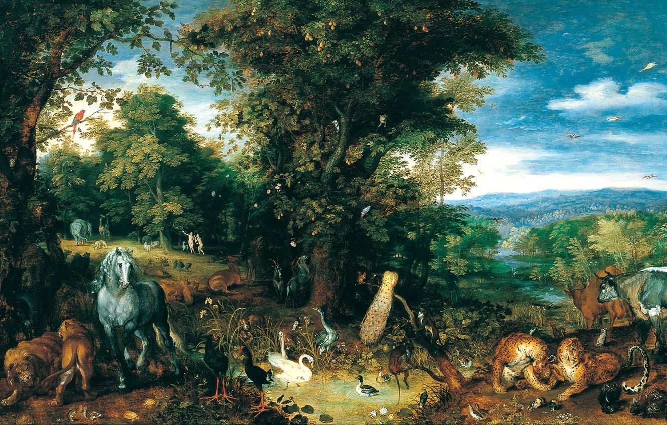 Wallpaper animals, Paradise, picture, mythology, Jan Brueghel