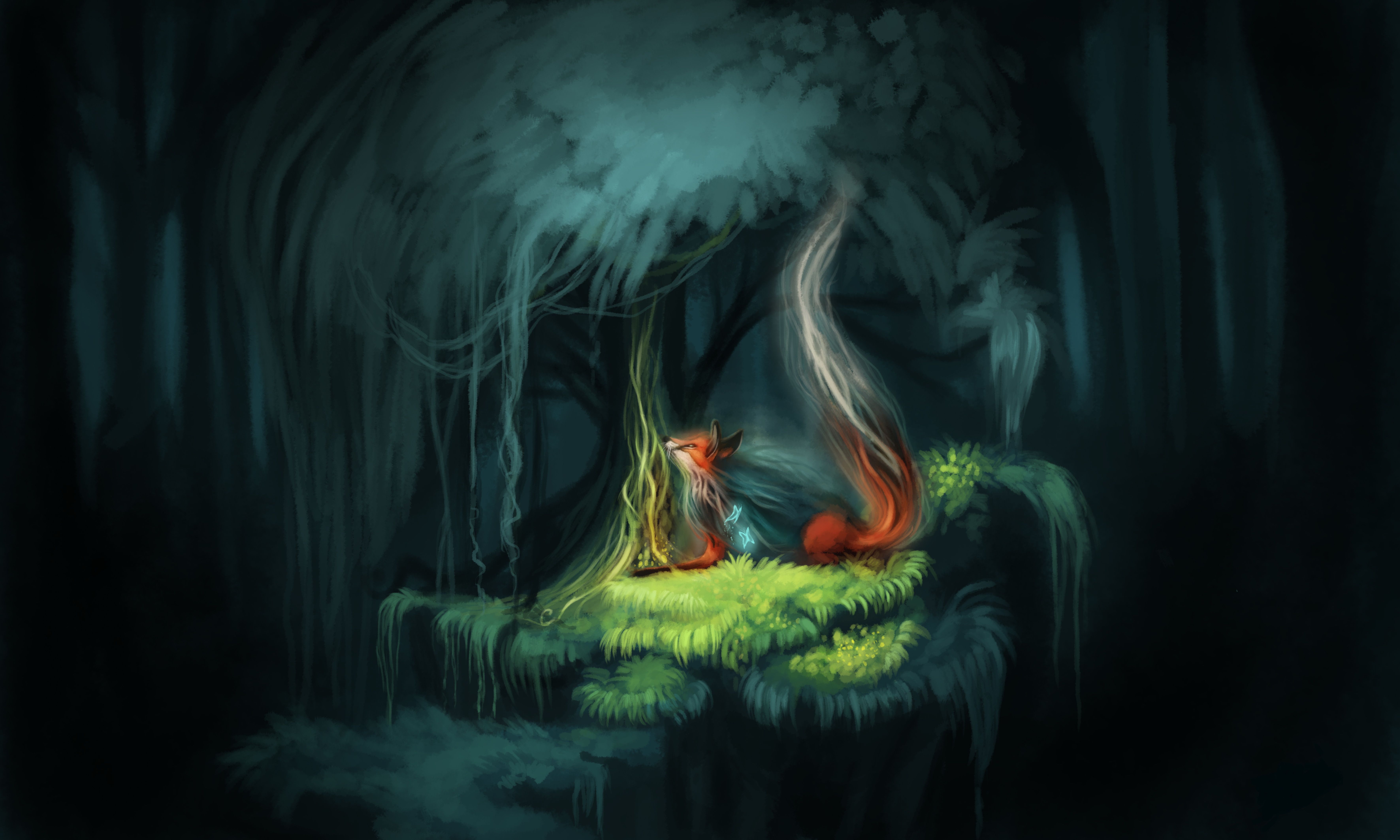 image Foxes sorcery Garden of Eden Fantasy forest Night 7087x4252