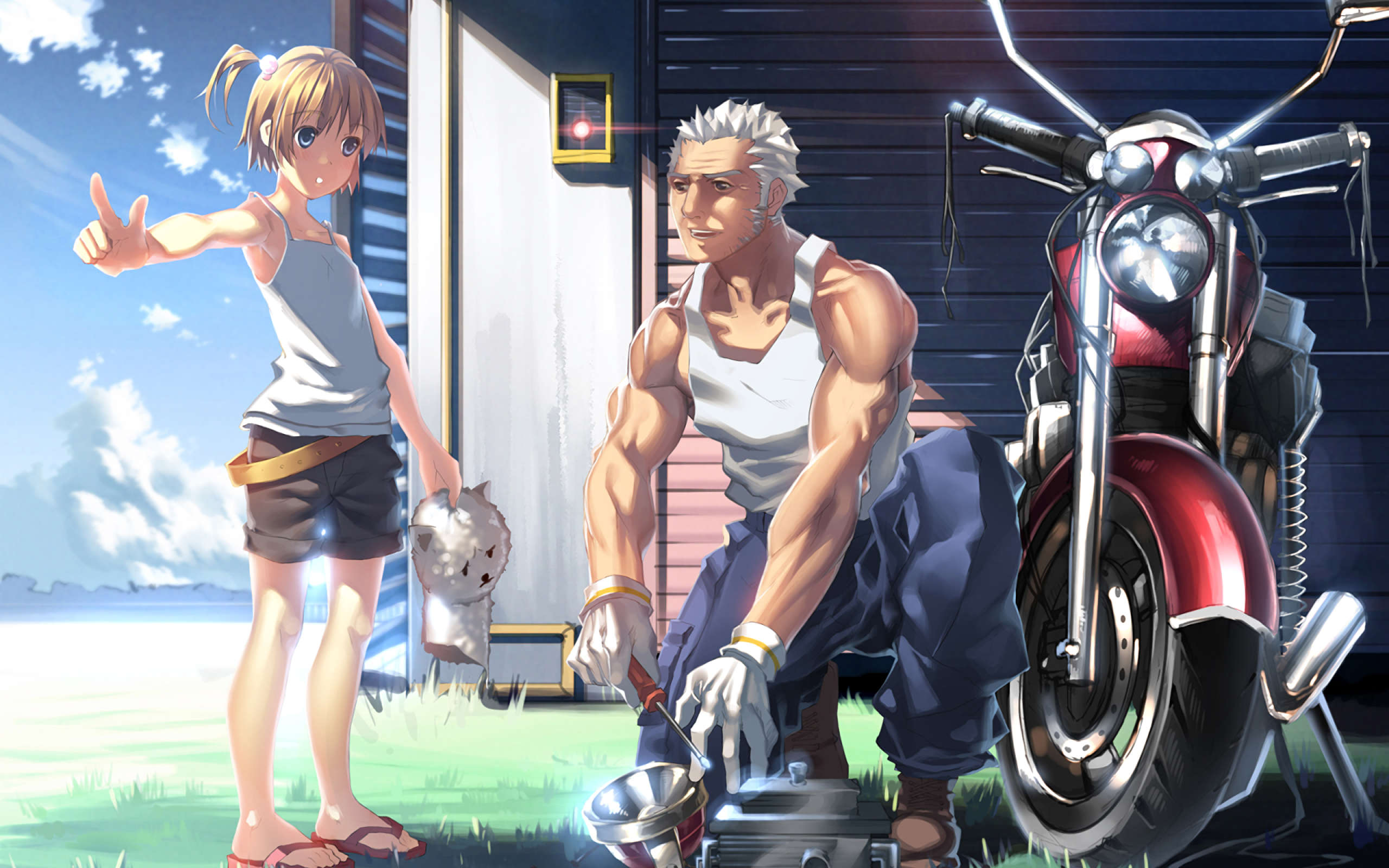 Download 2560x1600 Anime Girl, Father, Motorcycle, Sunshine
