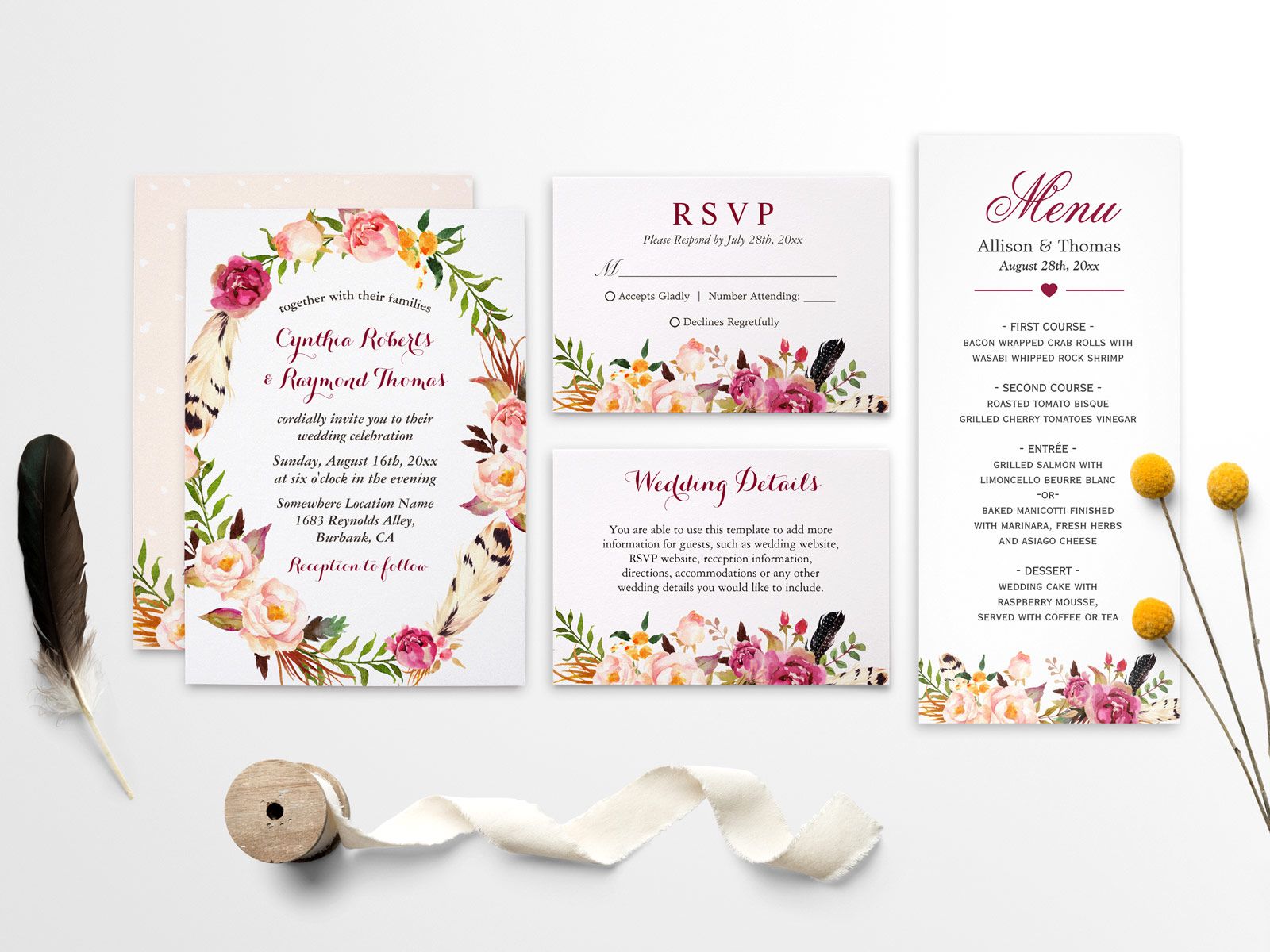 Modern Watercolor Boho Floral Wedding Invitation Suite