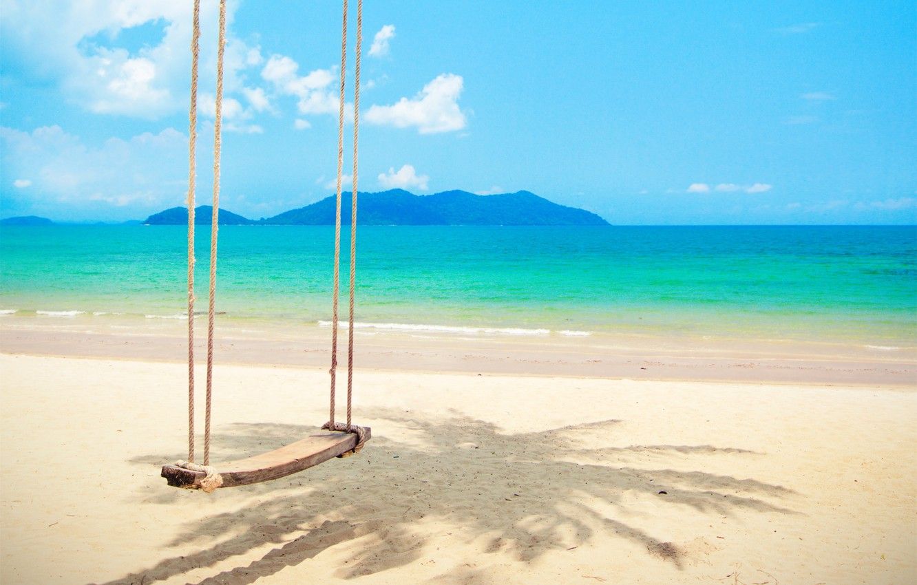 Wallpaper sand, sea, beach, the sun, palm trees, swing, shore