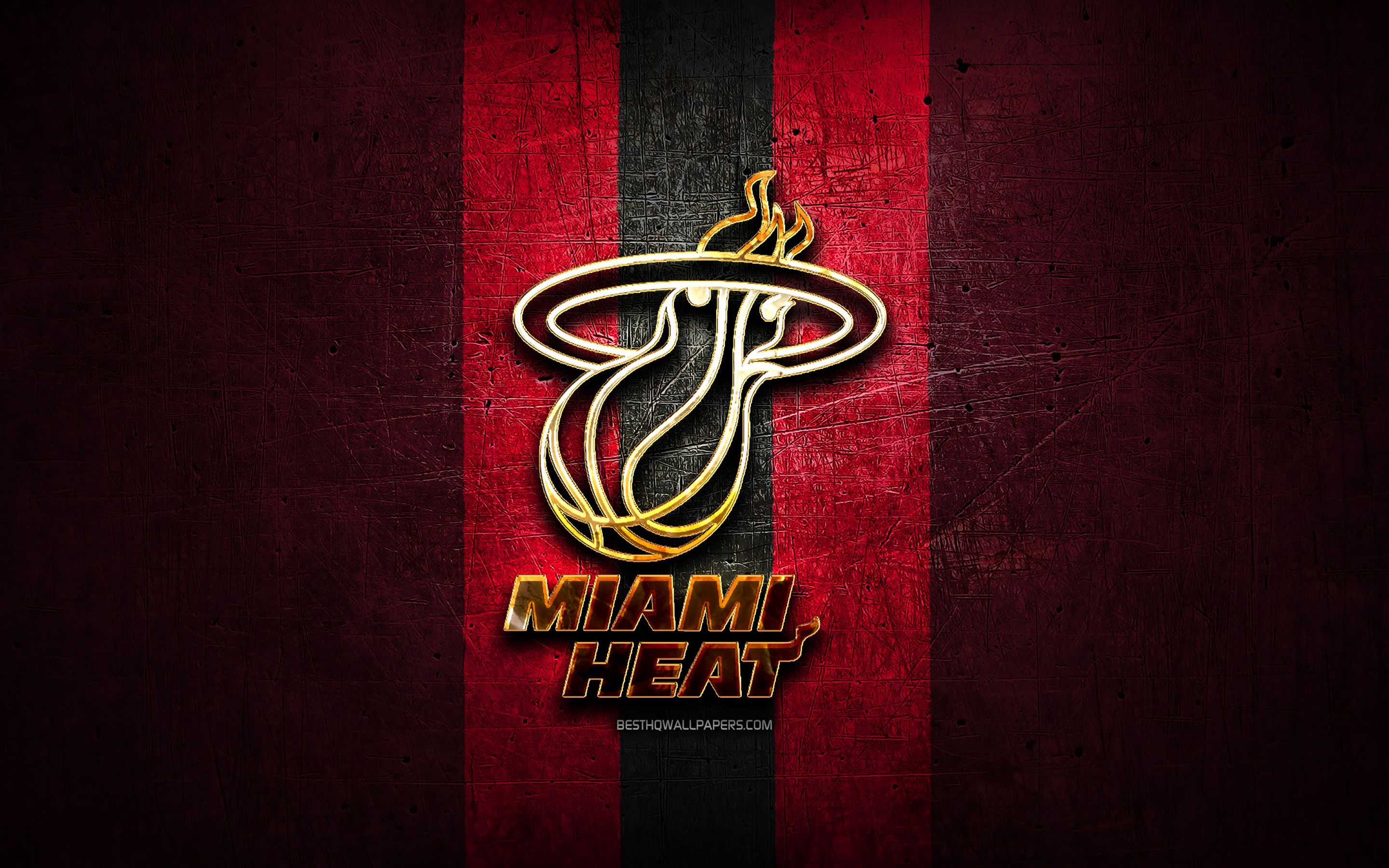 Download wallpaper Miami Heat, golden logo, NBA, purple metal