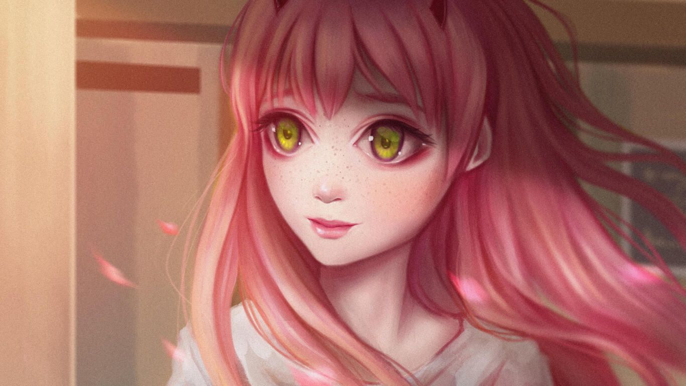 Cute Anime Girl Pink Hairs Red Eyes 1366x768 Resolution