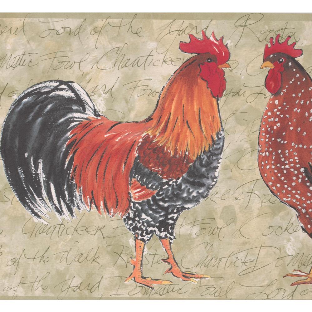 Retro Art Colorful Roosters Grey Prepasted Wallpaper Border OR159B
