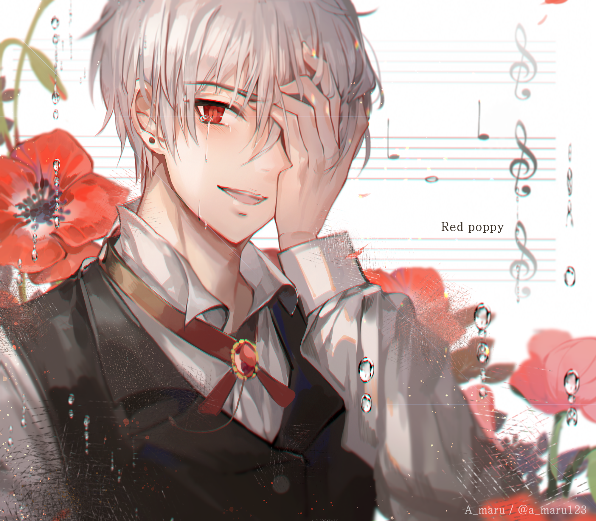 Download 2000x1749 Anime Boy, Crying, Red Eye, Tears, White Hair