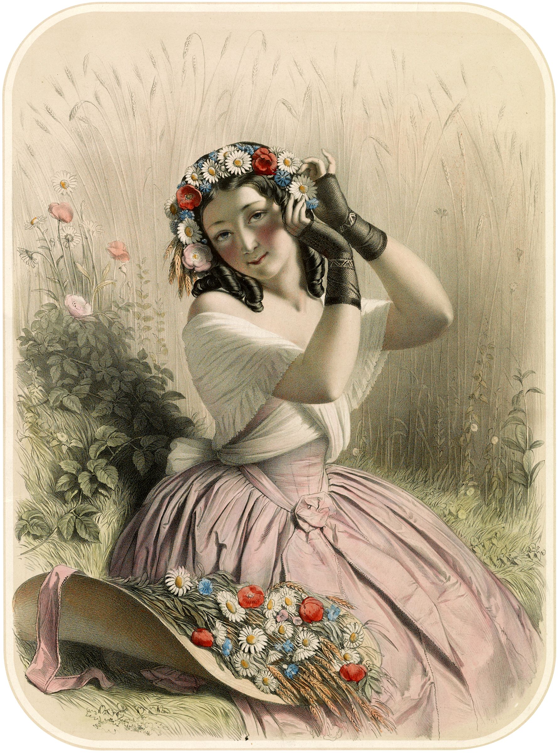Charming Vintage Girl Wearing a Flower Crown Image! Graphics