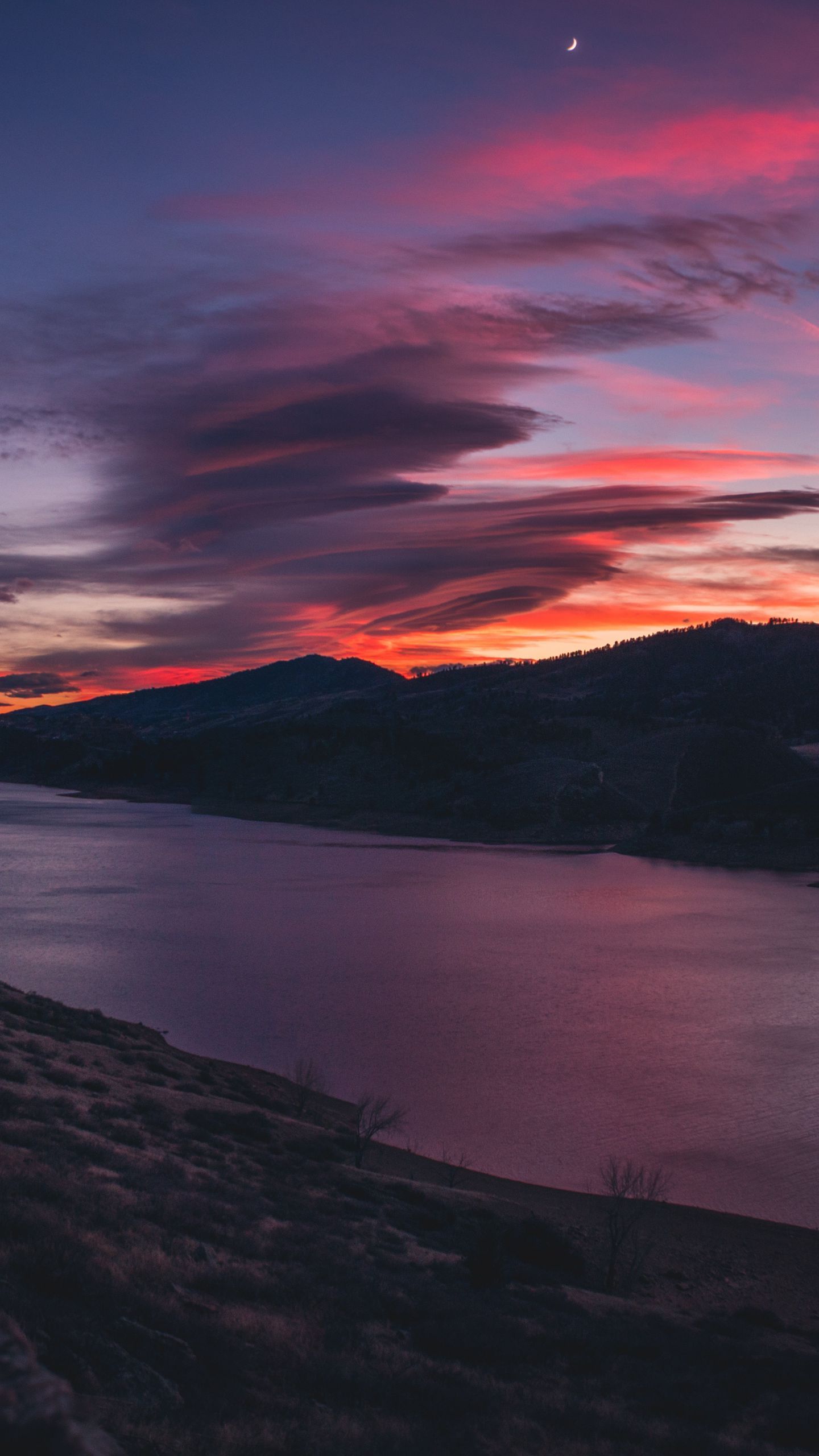 Download wallpaper 1440x2560 mountains, river, sunset, sky qhd