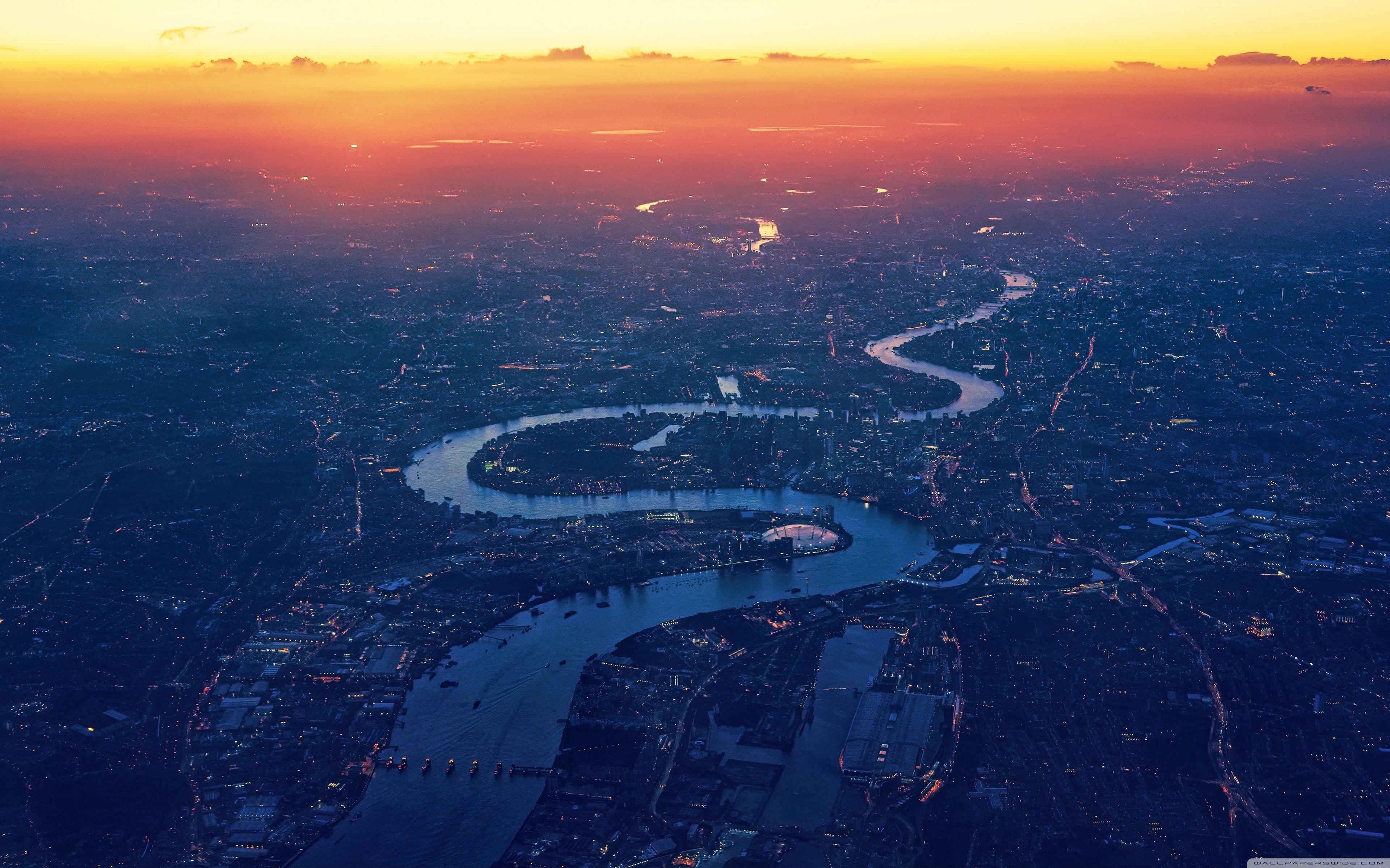 Winding River Sunset City Aerial View Ultra HD Desktop Background