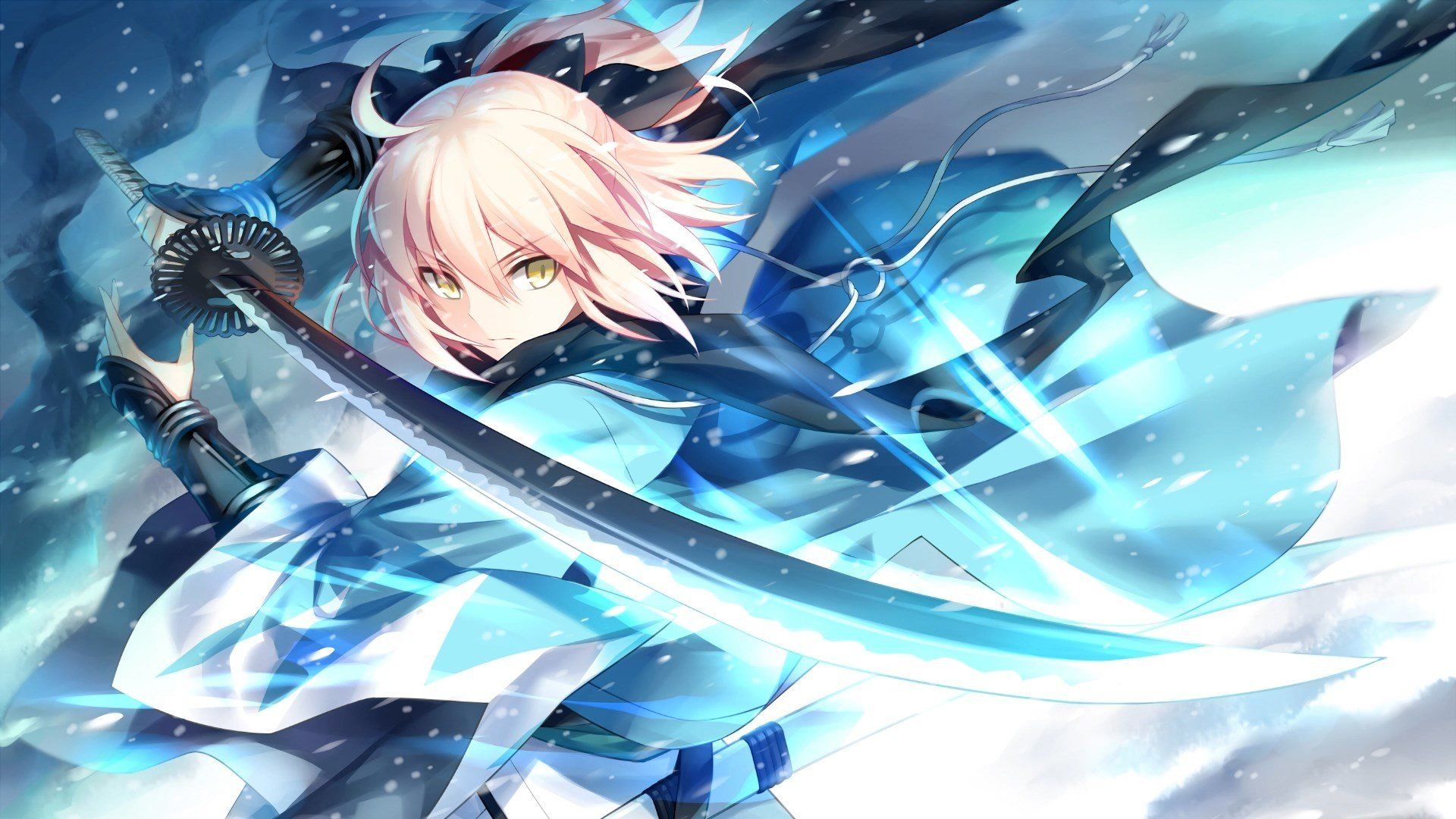 pink hair, Anime girls, Katana, Sword, Yellow eyes, Snow