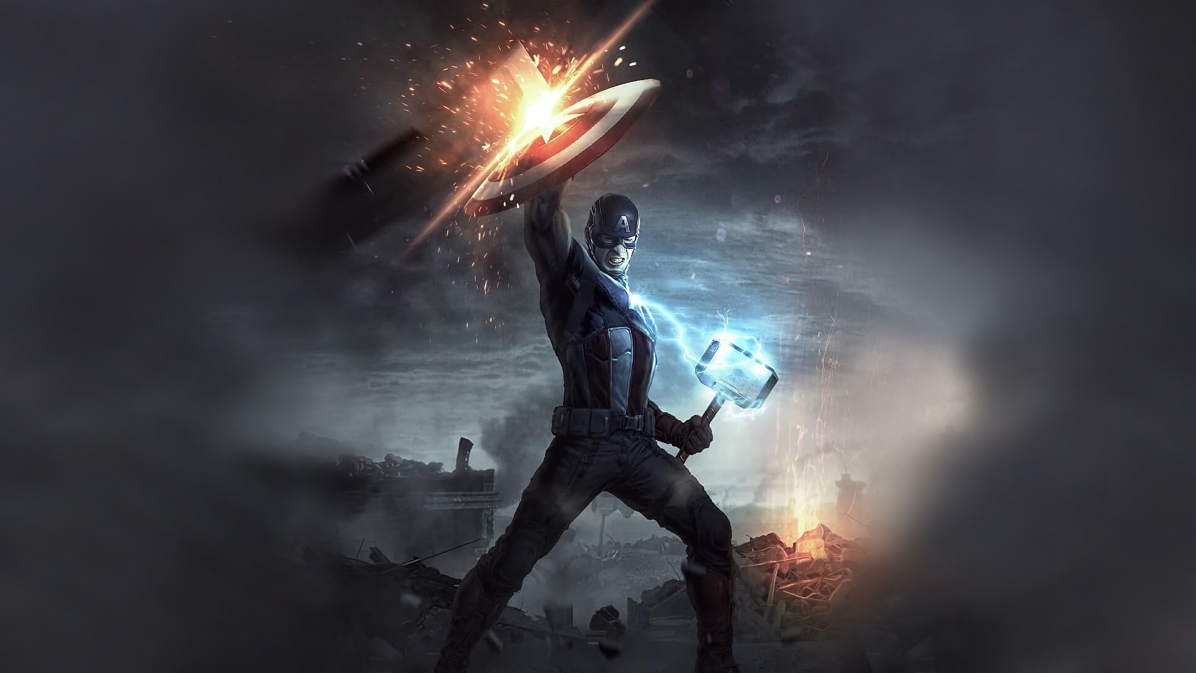 4K Captain America Mjolnir and Shield Wallpaper, HD Superheroes 4K Wallpape...