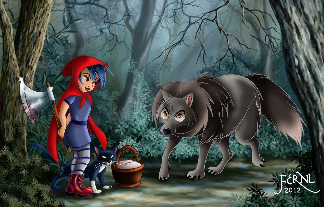 Wallpaper forest, cat, cat, basket, blood, wolf, little red riding