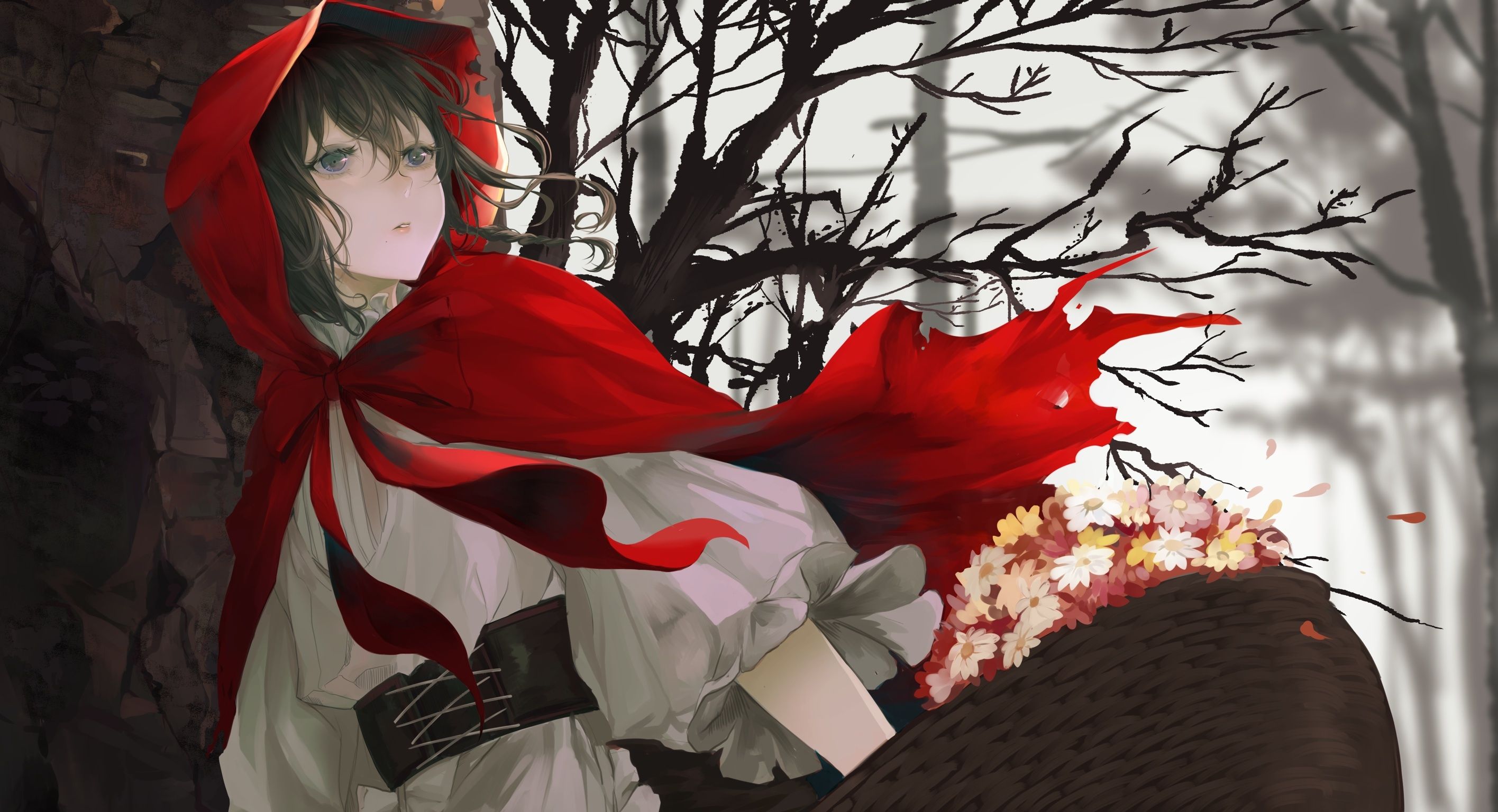 Wallpaper Little Red Riding Hood, Anime Girl, Flowers