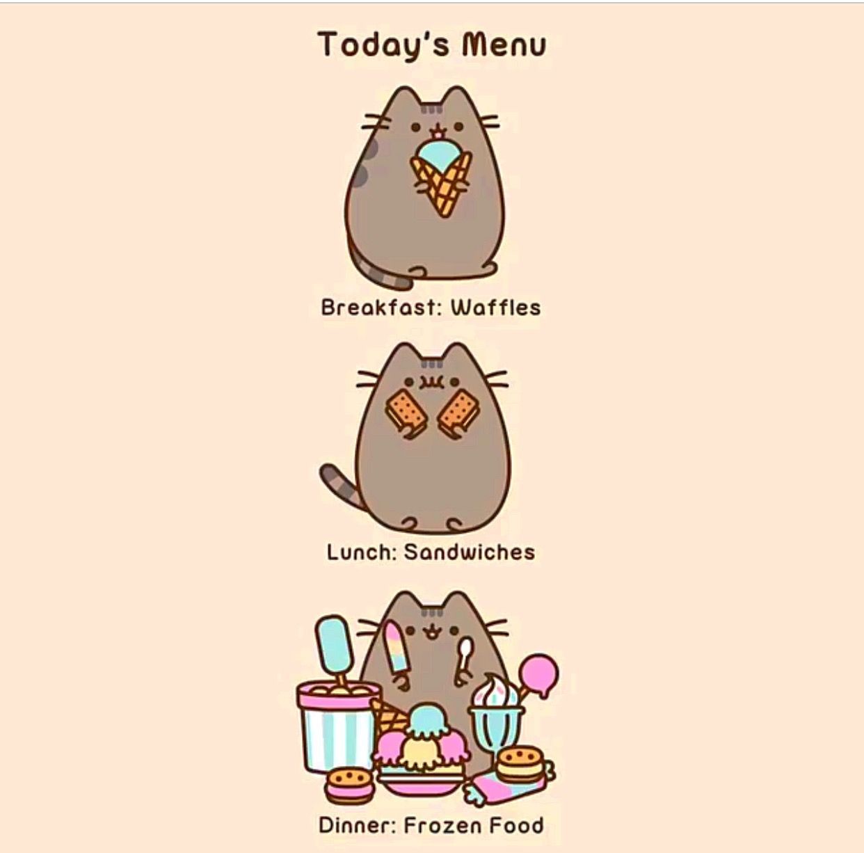 Cute Pusheen Tumblr image of breakfast lunch and dinner. Pusheen