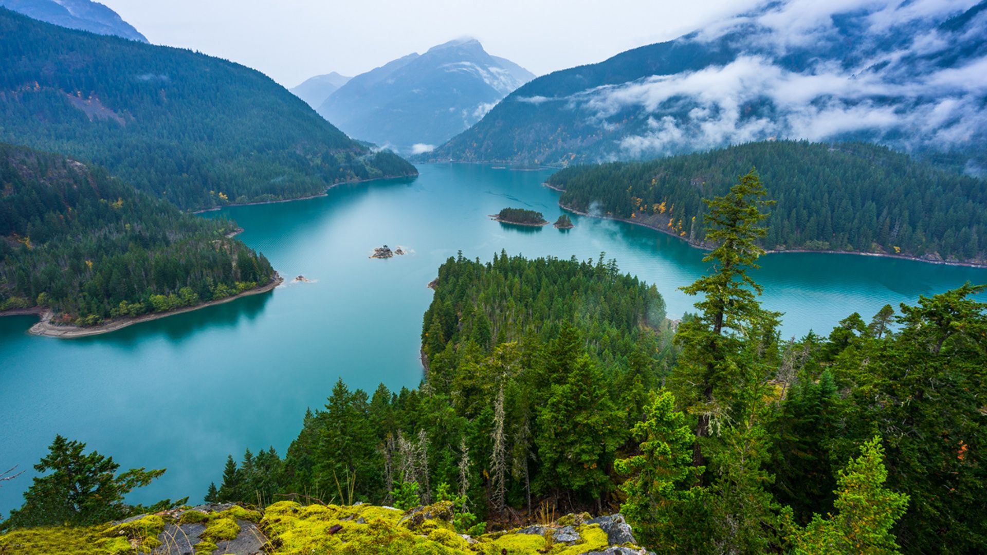 Diablo Lake In Washington State Usa Forest Mountains Green Pine