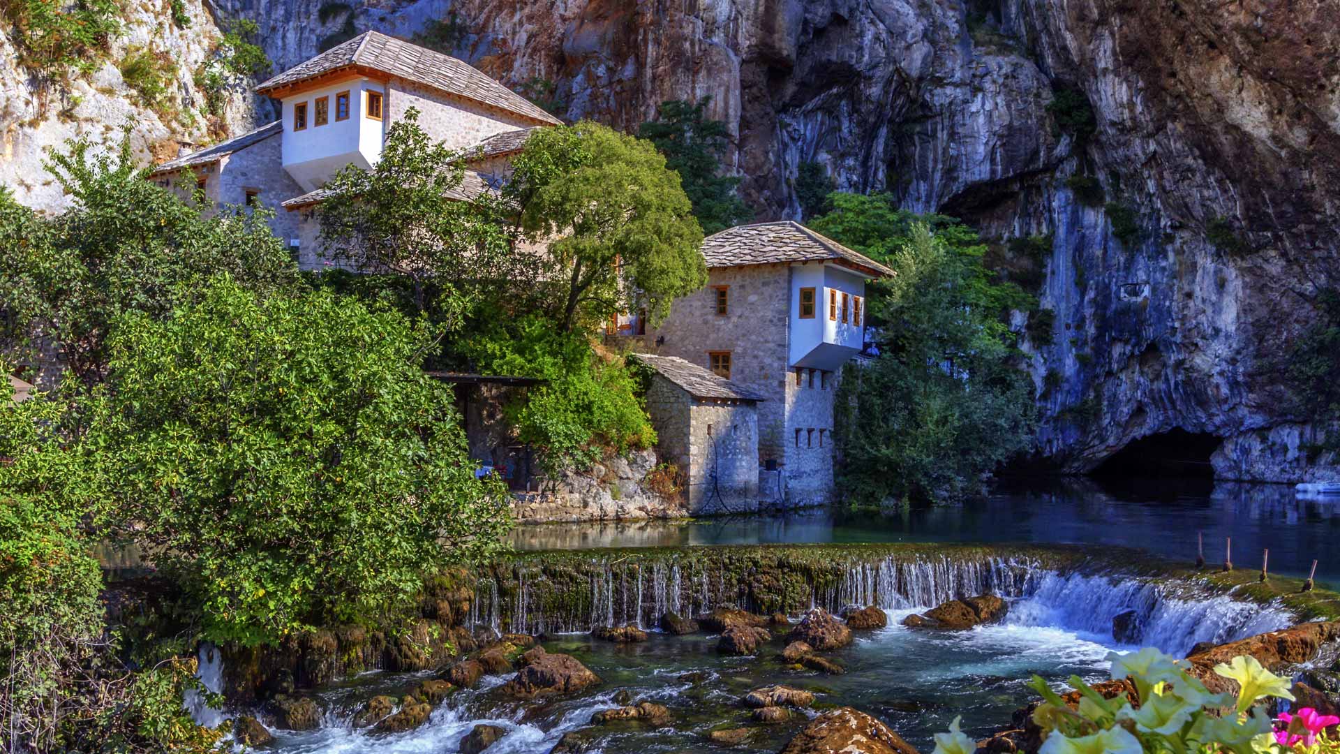 Small village Blagaj on Buna waterfall by day, Bosnia