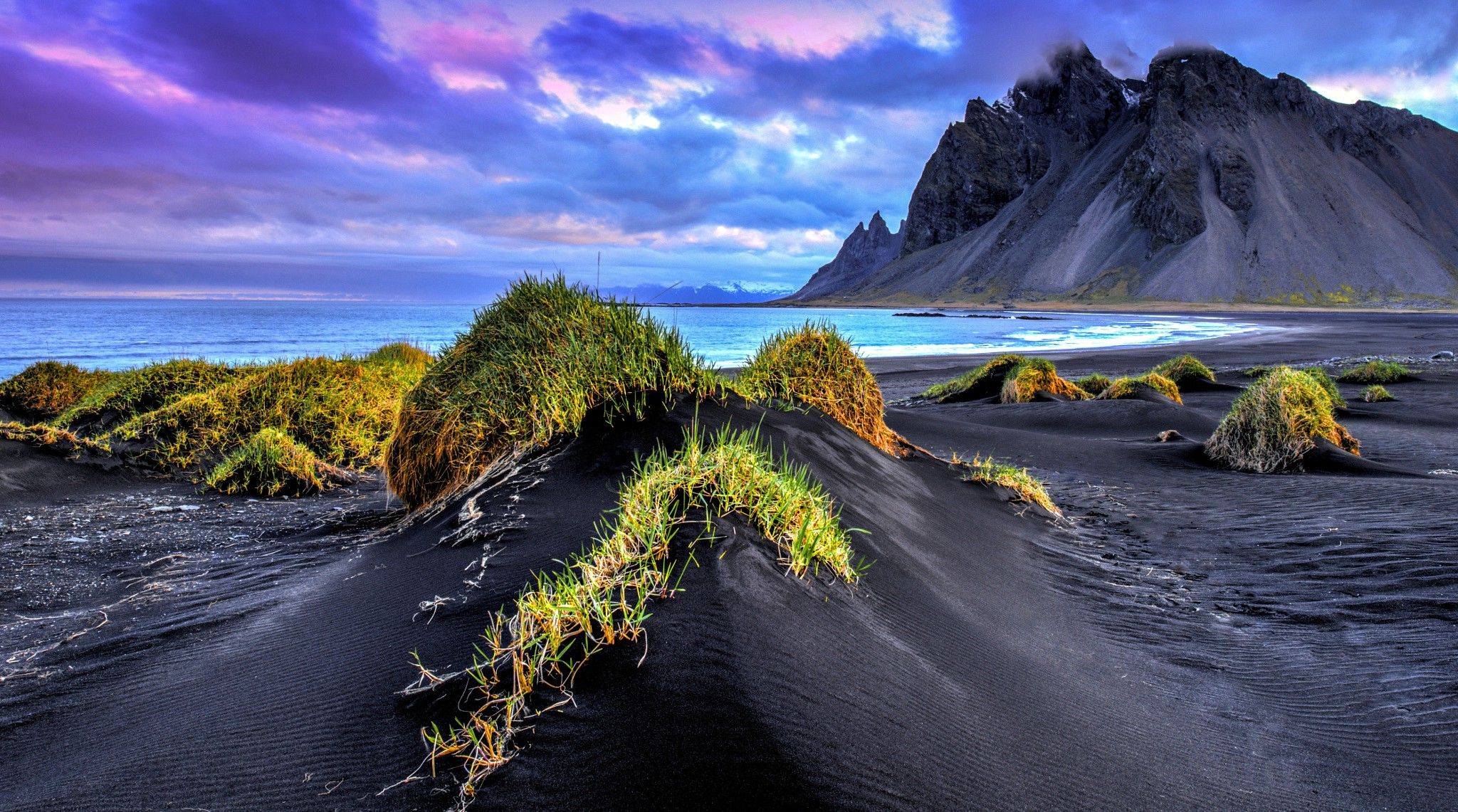 black Sand, Beach, Iceland, Sea, Mountain, Cliff, Grass, Clouds