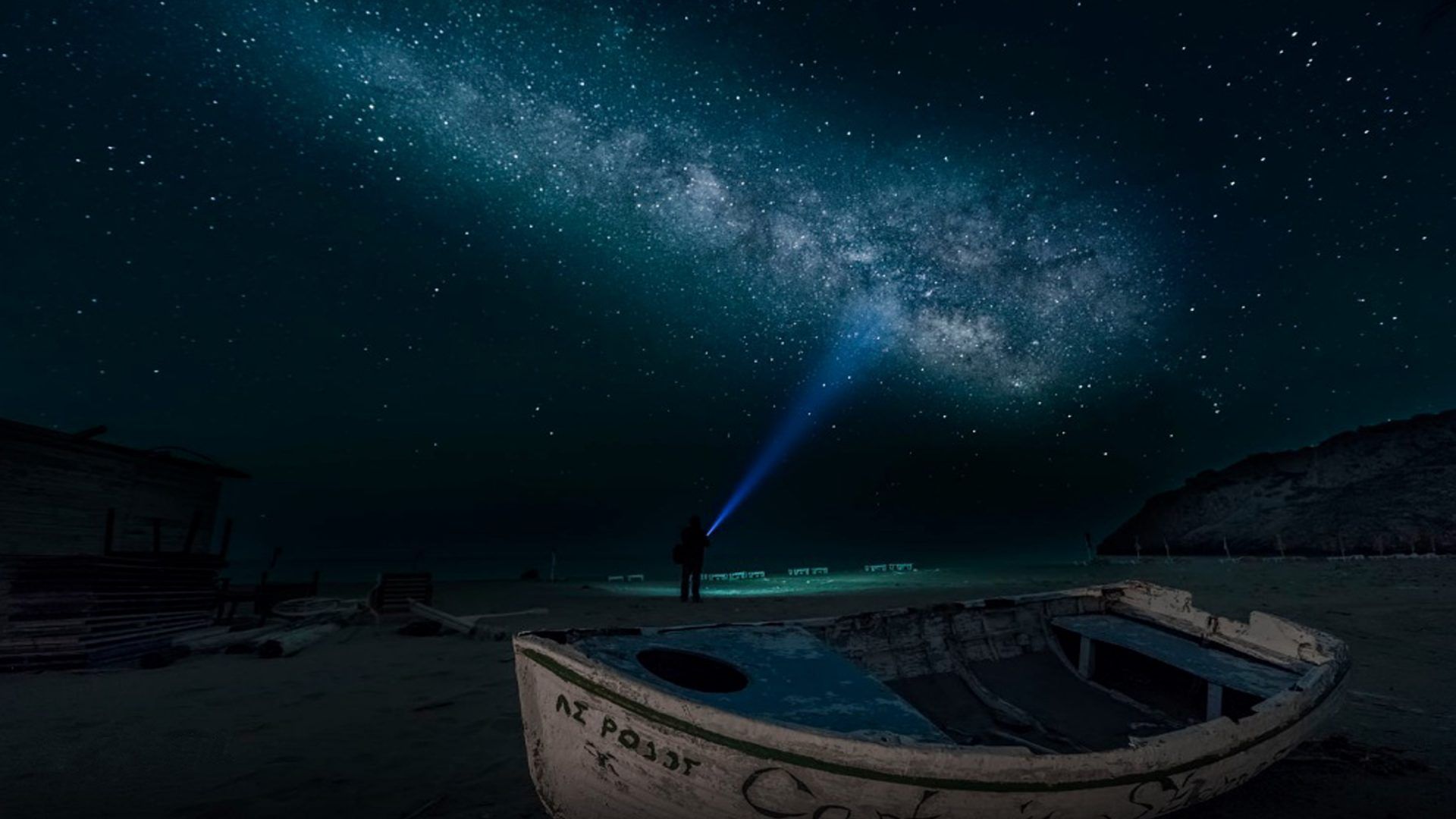 Sandy Beach At Night Time Boat Sky Star Digital Art Wallpaper HD