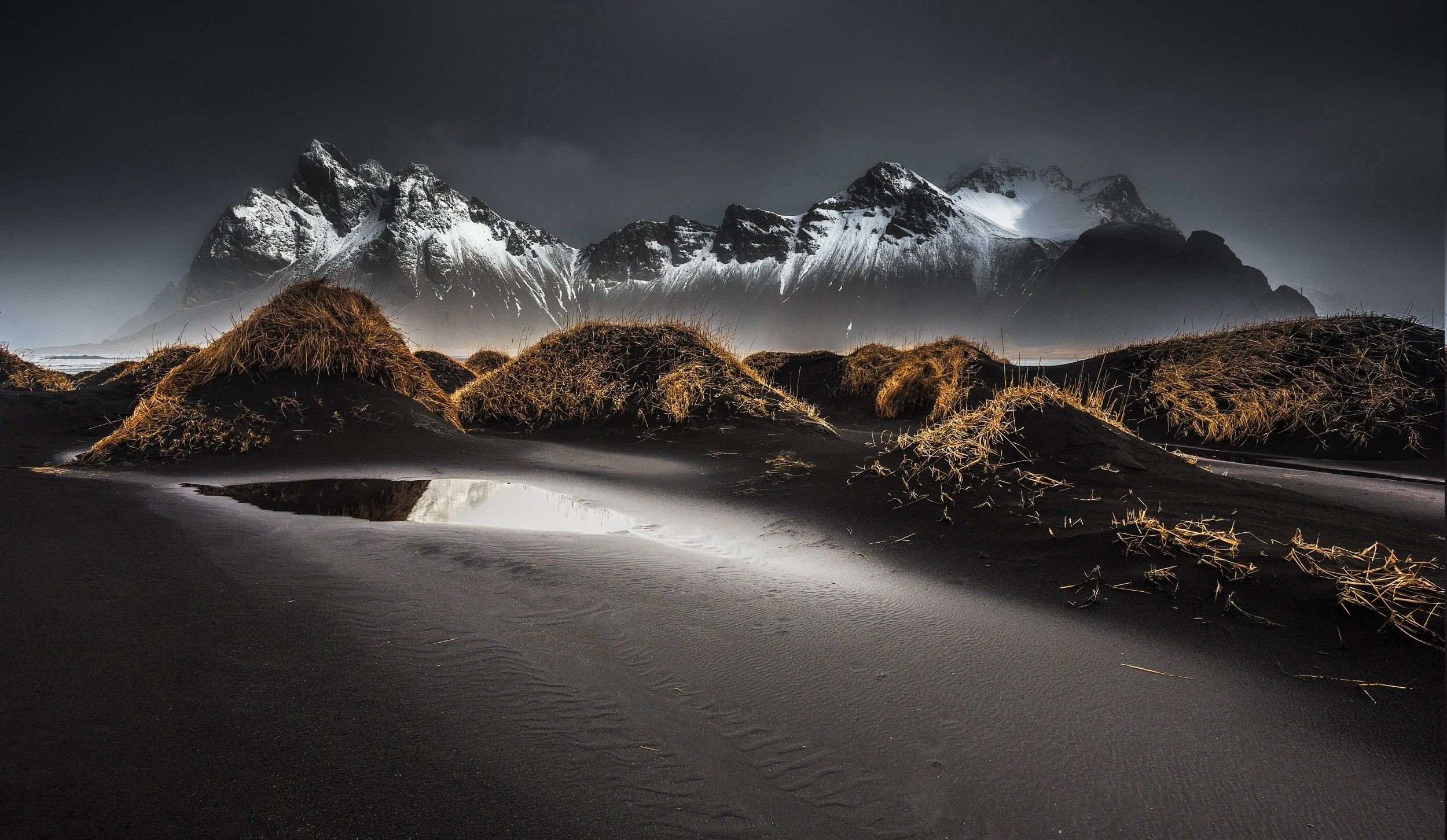 landscape, Nature, Black, Sand, Beach, Grass, Iceland, Mountain