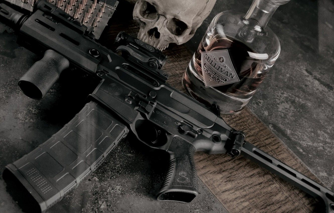 Wallpaper weapons, skull, bottle, sake, rifle, weapon, custom, M16
