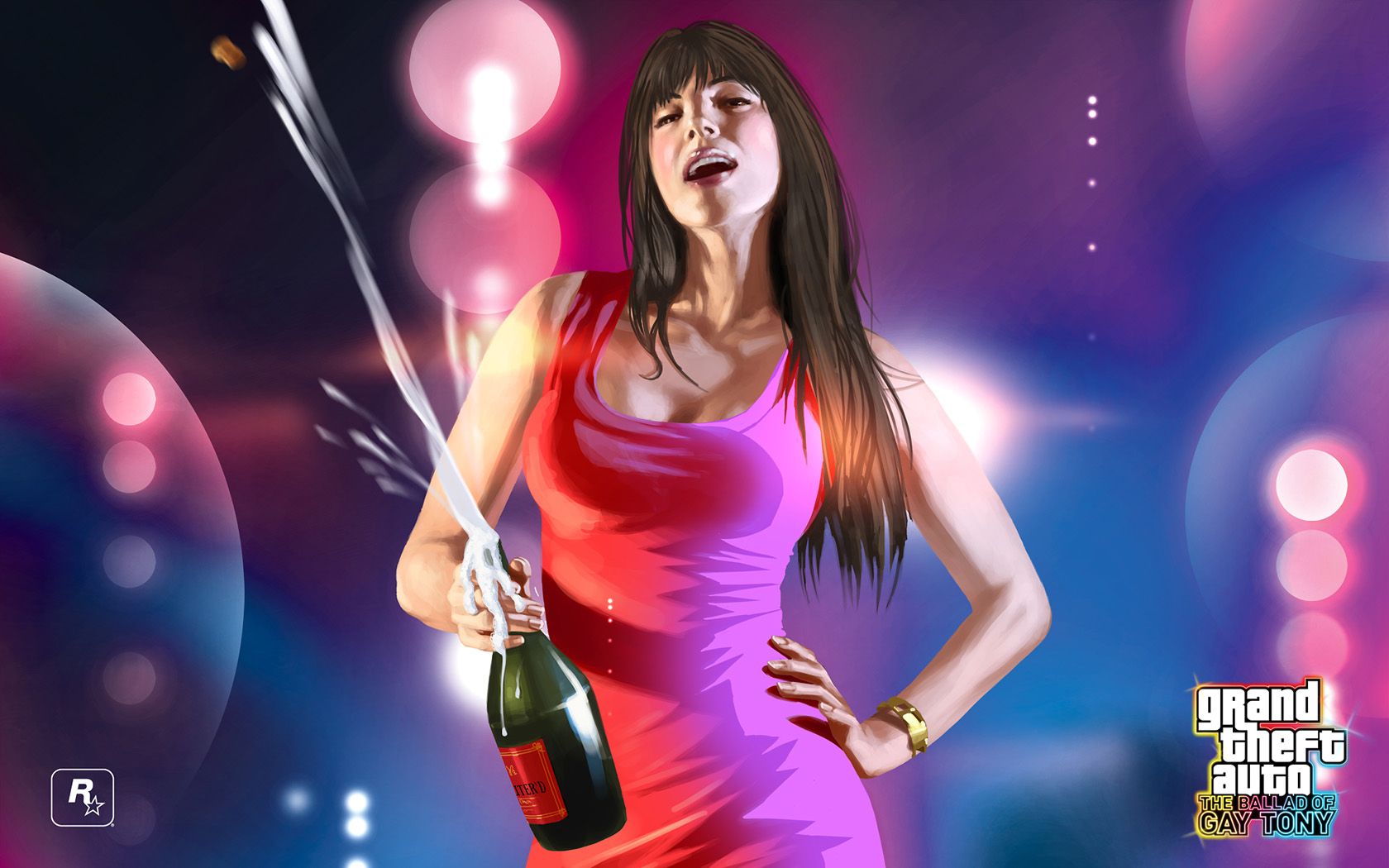 women, Video games, Grand Theft Auto V, Champagne, Pink dress Wallpaper HD / Desktop and Mobile Background
