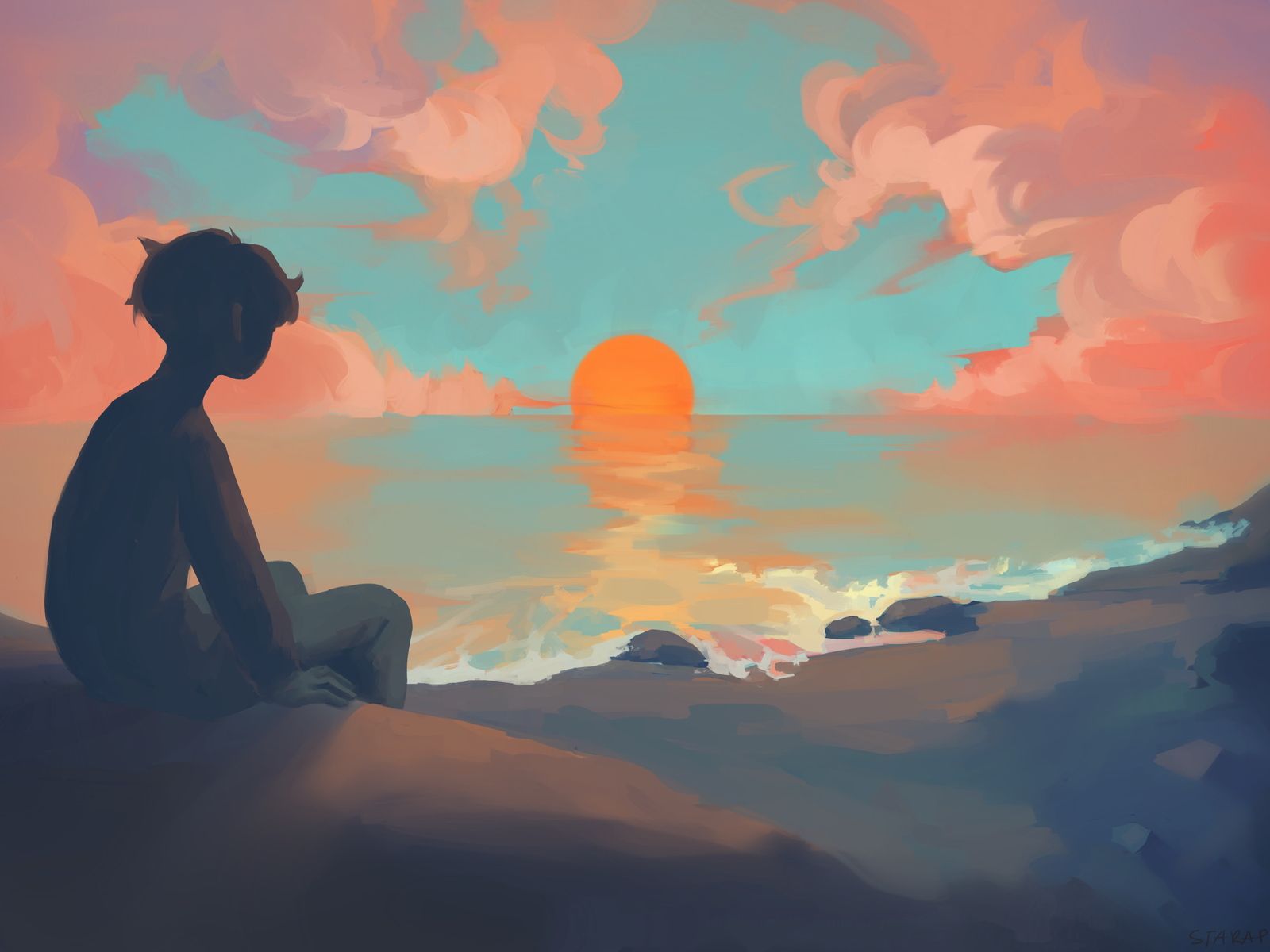 Anime Boy Sitting Watching Sunset 1600x1200 Resolution