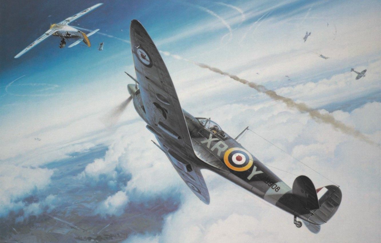Wallpaper war, art, Spitfire, painting, ww dogfight image