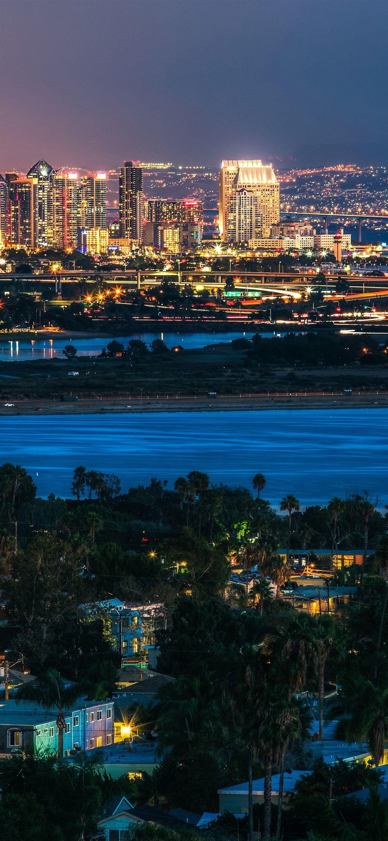 San Diego, city, night, river, lights, USA 1242x2688 iPhone 11 Pro
