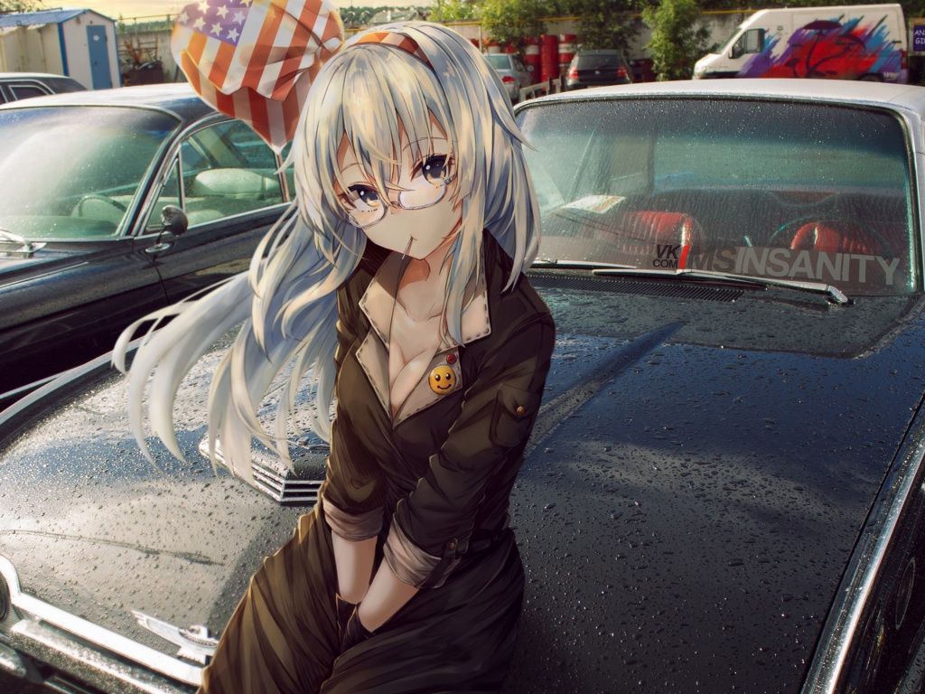 Desktop Wallpaper Sitting On Car, Anime Girl, White Hair, HD Image