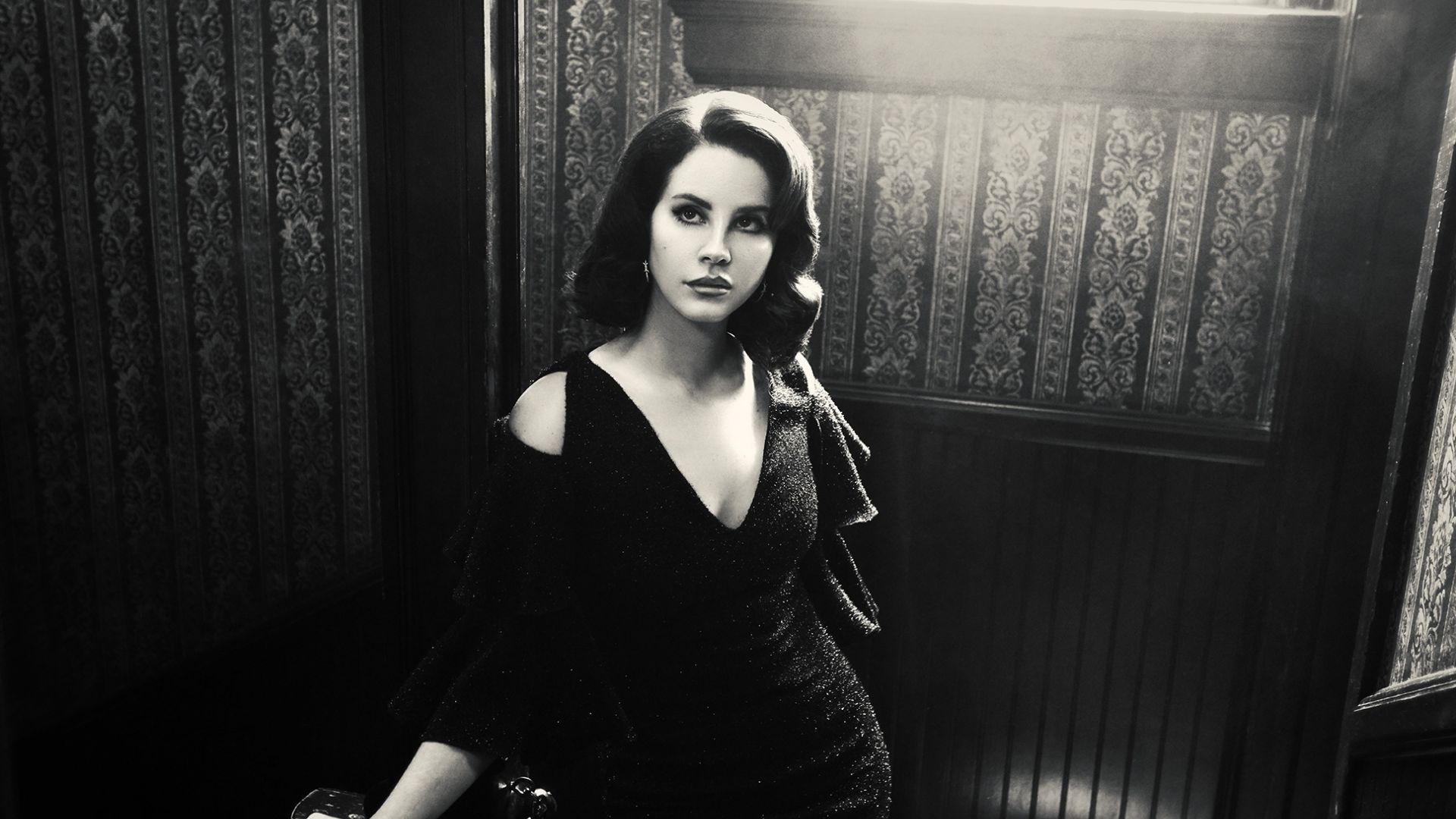 Desktop wallpaper black and white, lana del rey, american singer, HD image, picture, background, a6ab27