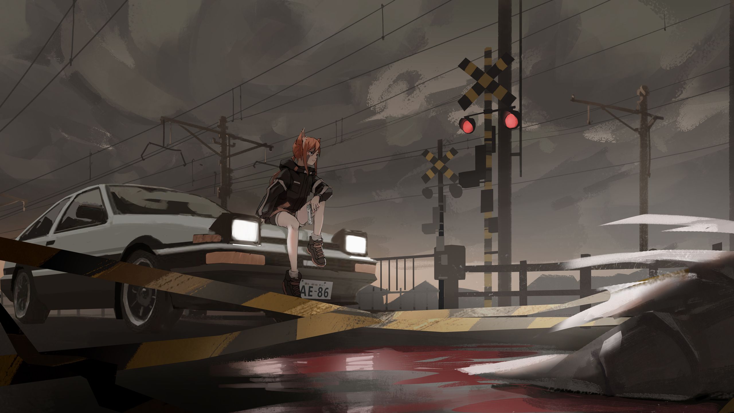 Anime Girl On Train Track With Car 8k 1440P Resolution
