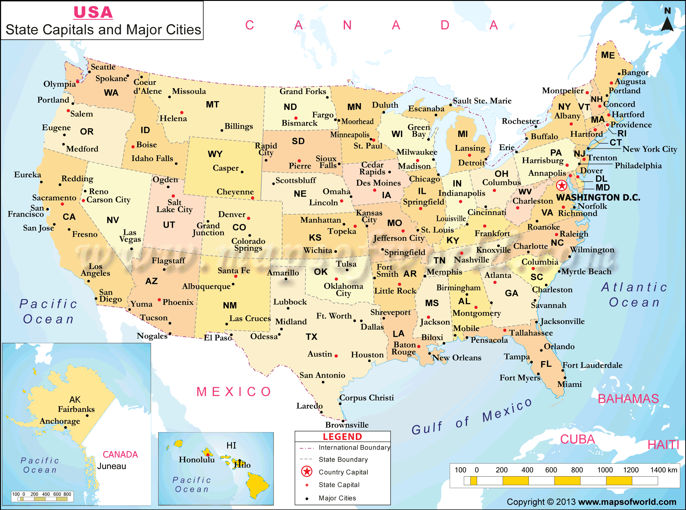 Major Cities in US. US Map of State Capitals and Major Cities