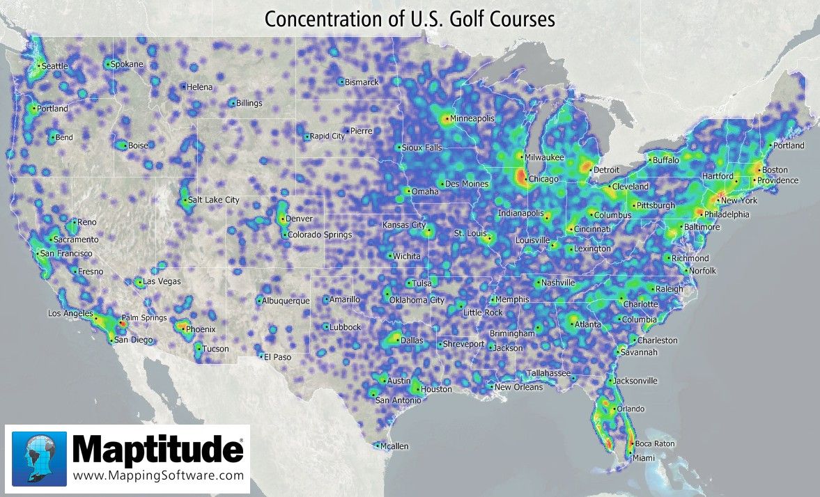 Maptitude Map: Concentration of U.S. Golf Courses