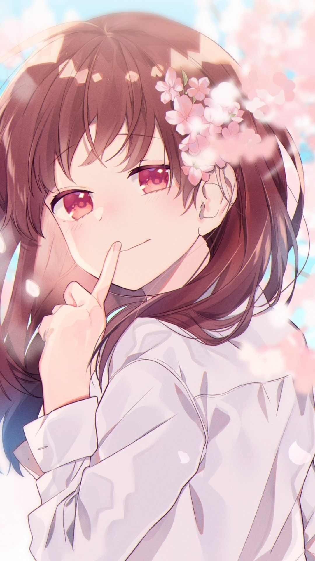 Download 1080x1920 Anime Girl, Shhh, Cherry Blossom, Brown Hair