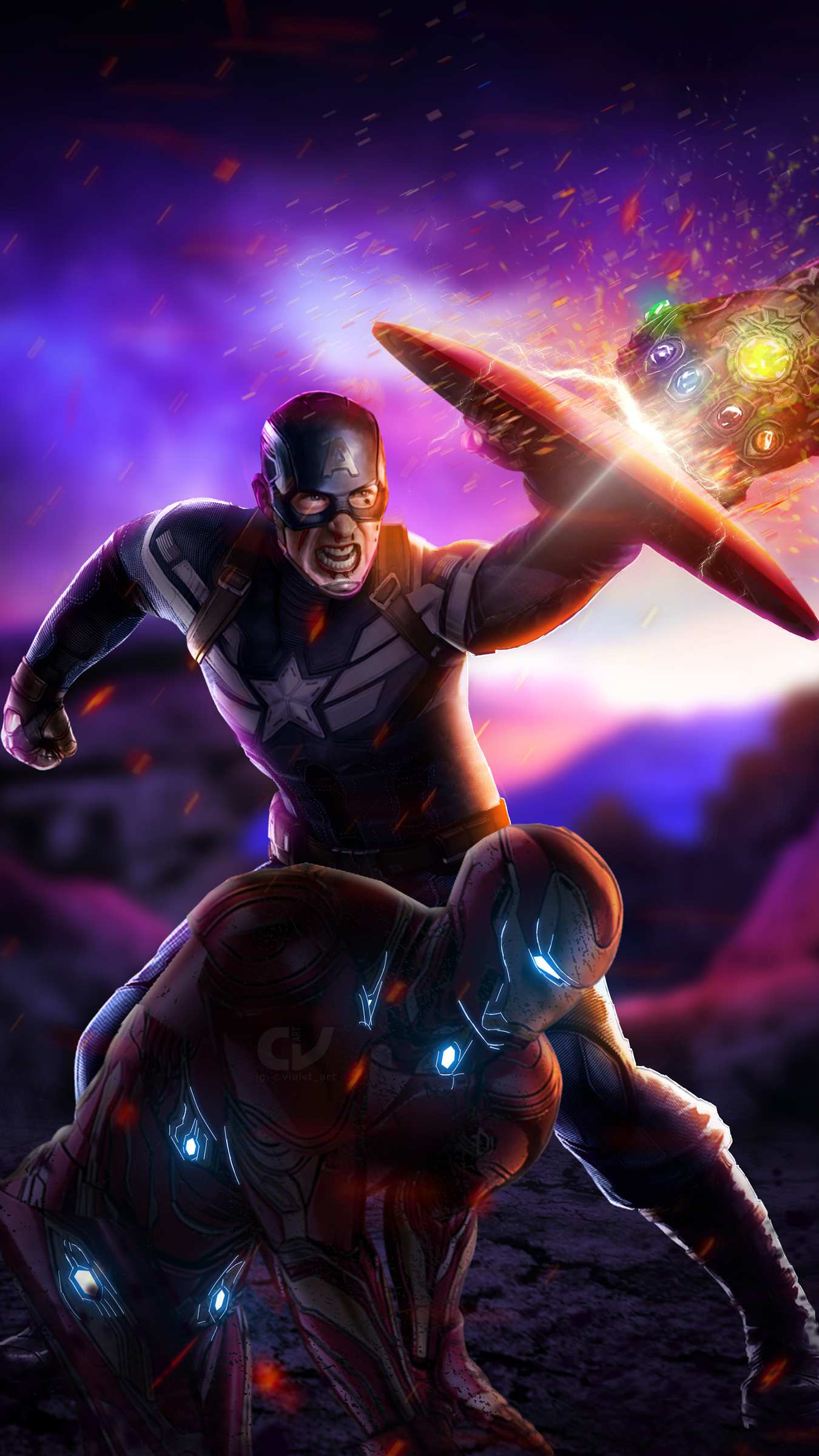 Captain and Tony Fighting Thanos Avengers Endgame Wallpaper