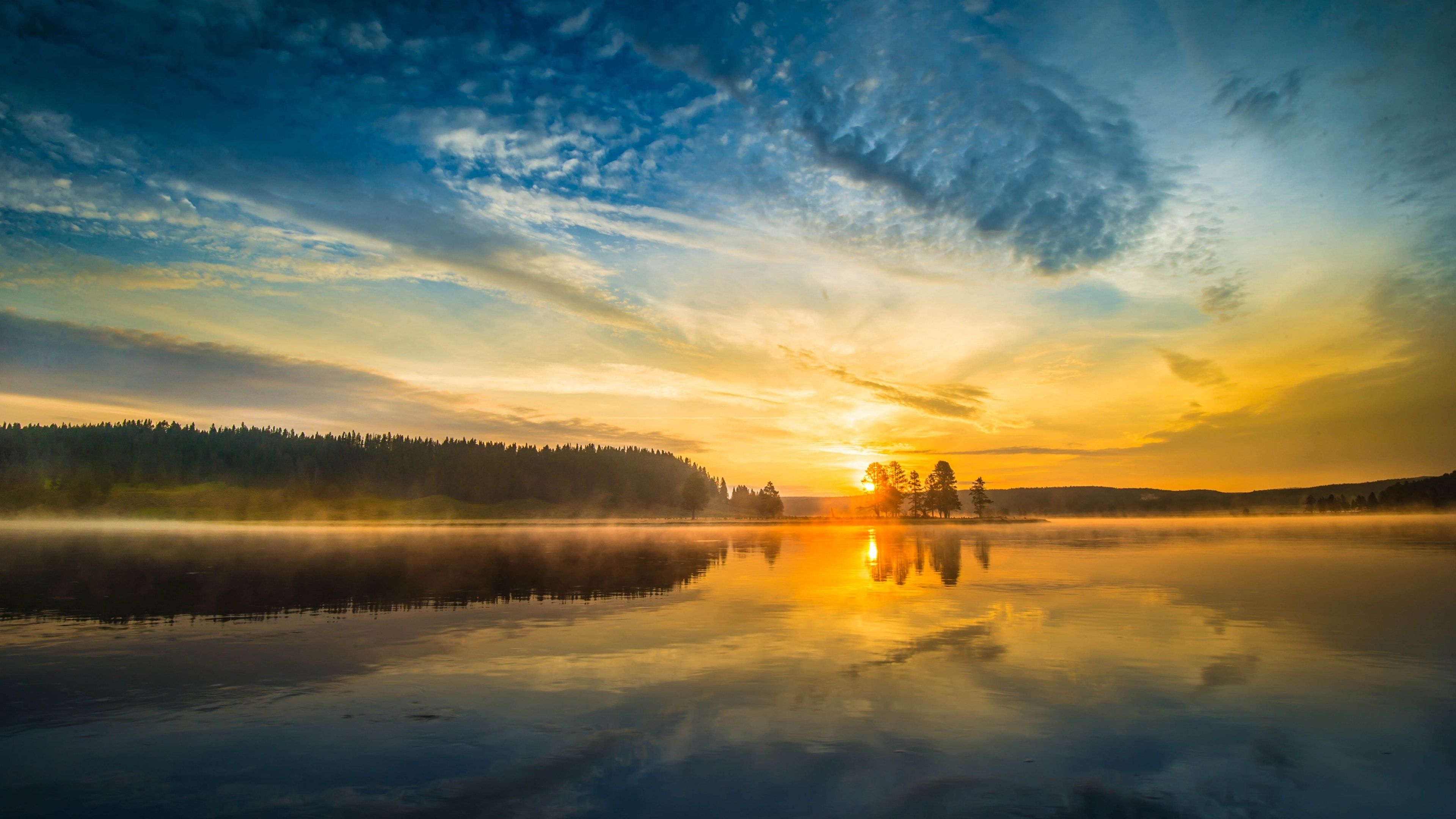 Sunset sunrise lake fog mist sky clouds wallpaperx2160