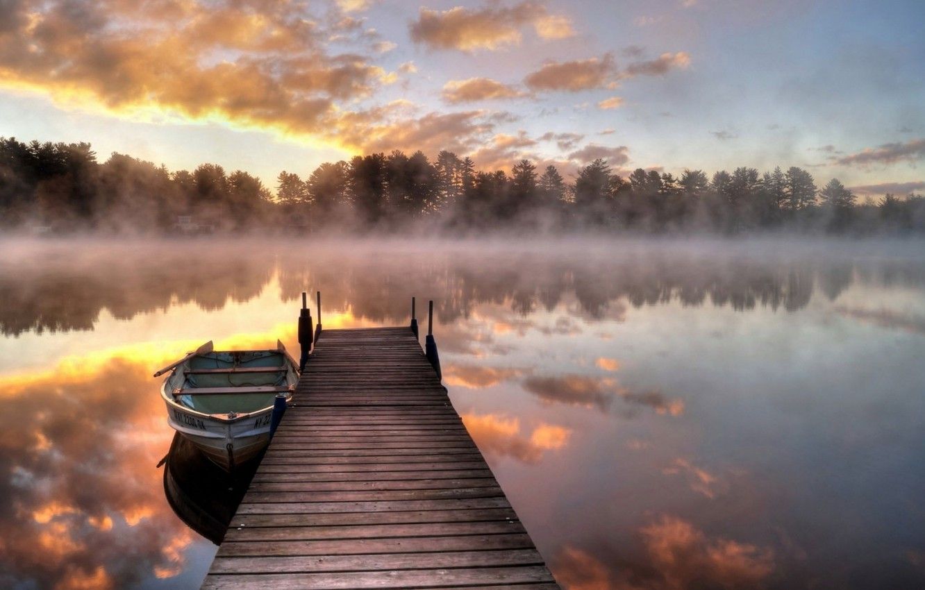 Wallpaper Bridge, Sunrise, Morning, Fog, Lake, Reflection, Boat