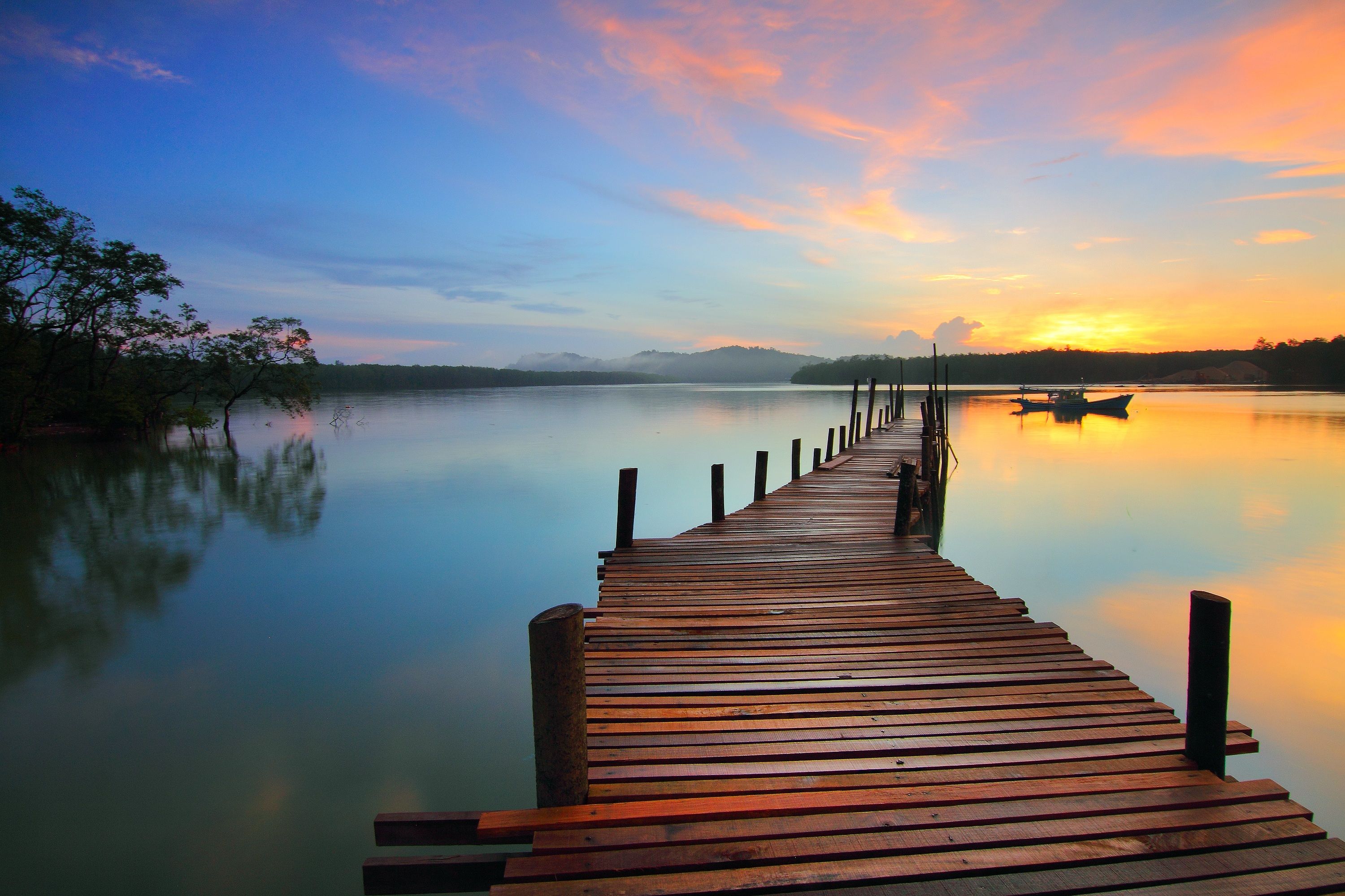 Sunrise over a lake jetty HD Wallpaper. Background Image
