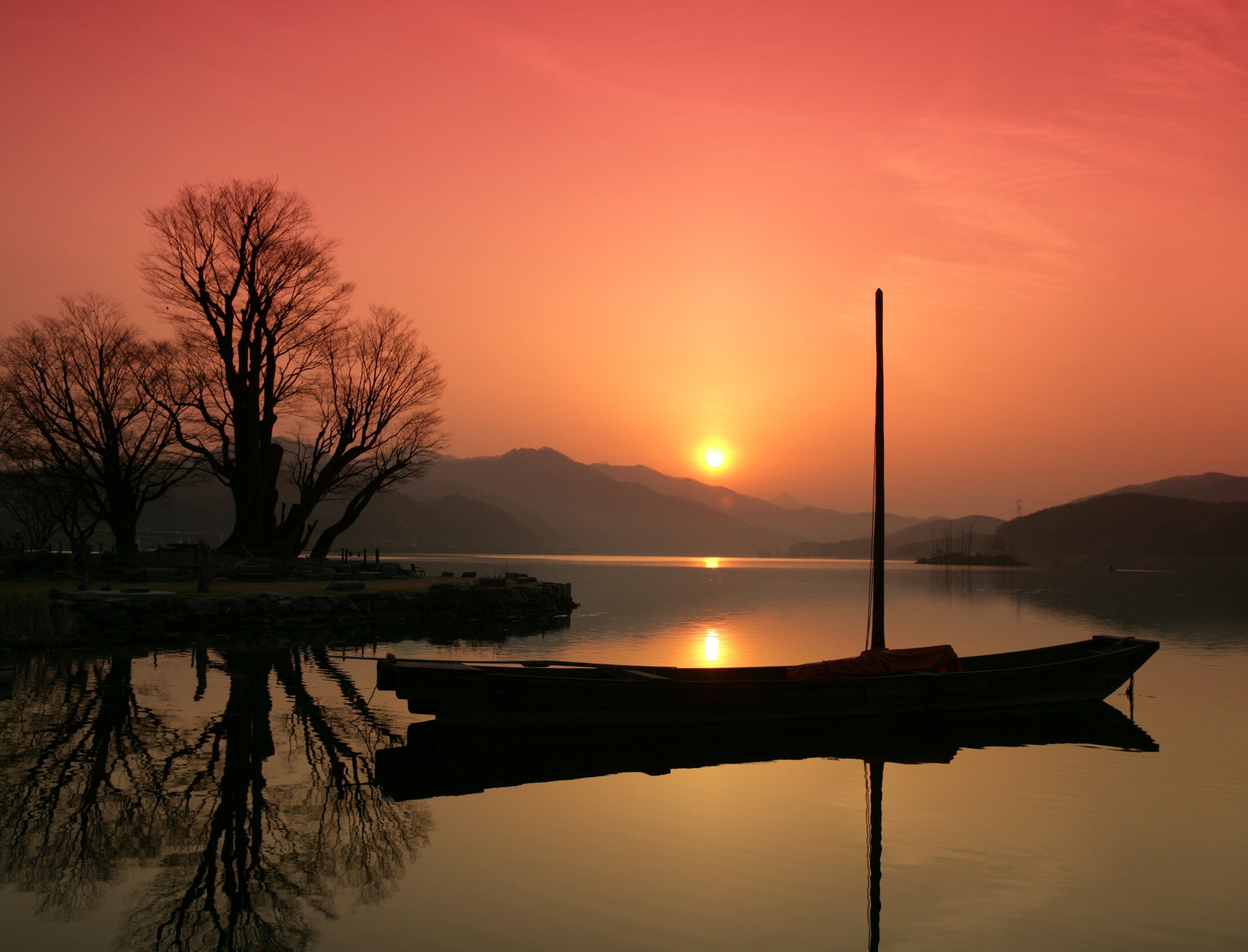 Wallpaper Of Boat, Lake, Silhouette, South Korea, Sunrise