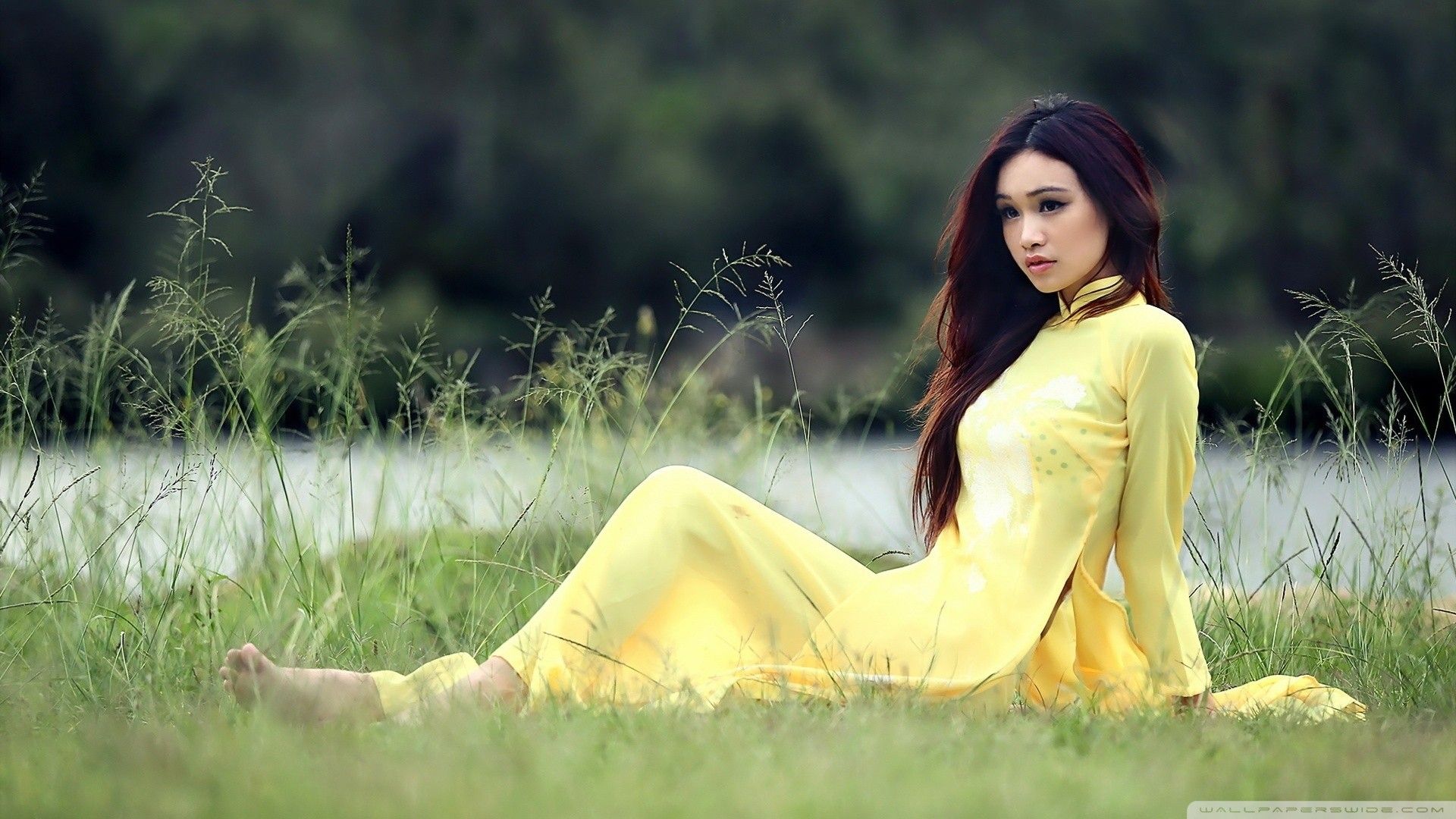 #barefoot, #Asian, #women outdoors, #yellow dress, #women