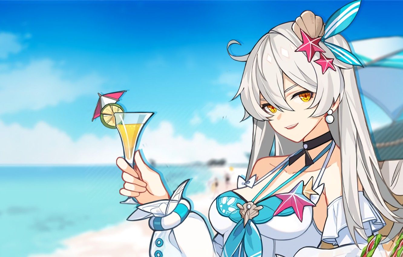 Wallpaper beach, summer, girl, cocktail, Honkai Impact 3rd