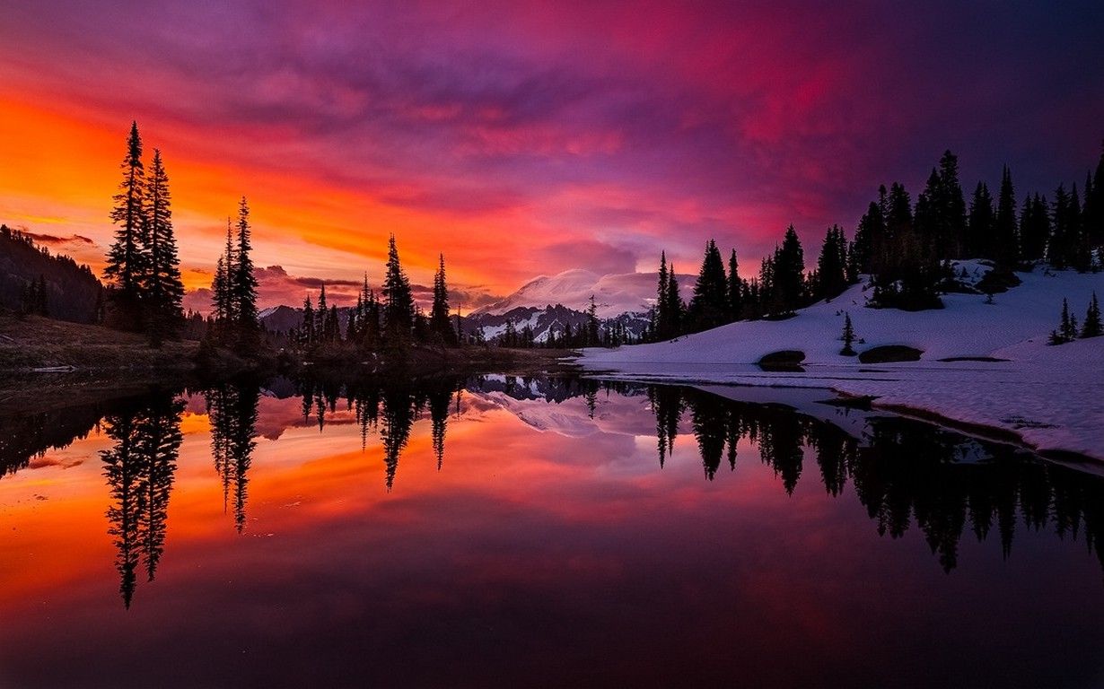 lake, Sunset, Mountain, Forest, Sky, Water, Snow, Reflection