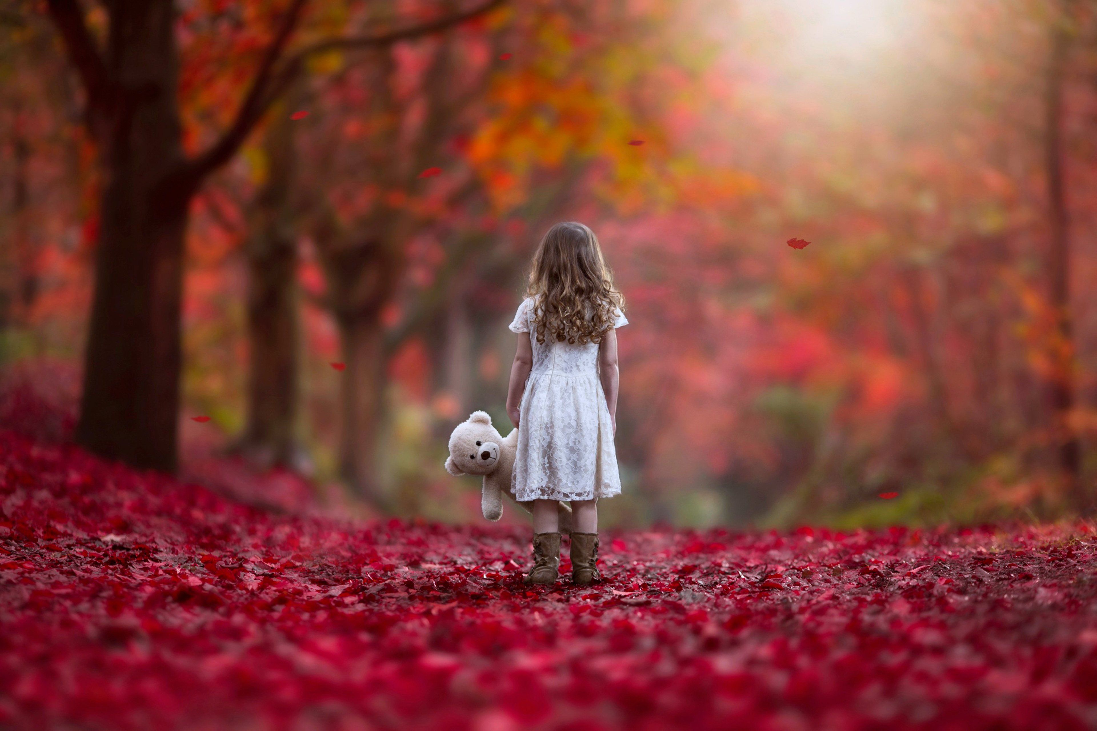 autumn, Littel, Girl, Forest, Sad, Lonely, Alone, Red, Nature