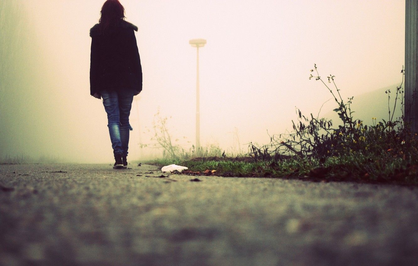 Wallpaper road, girl, fog, I walk a lonely road image for desktop