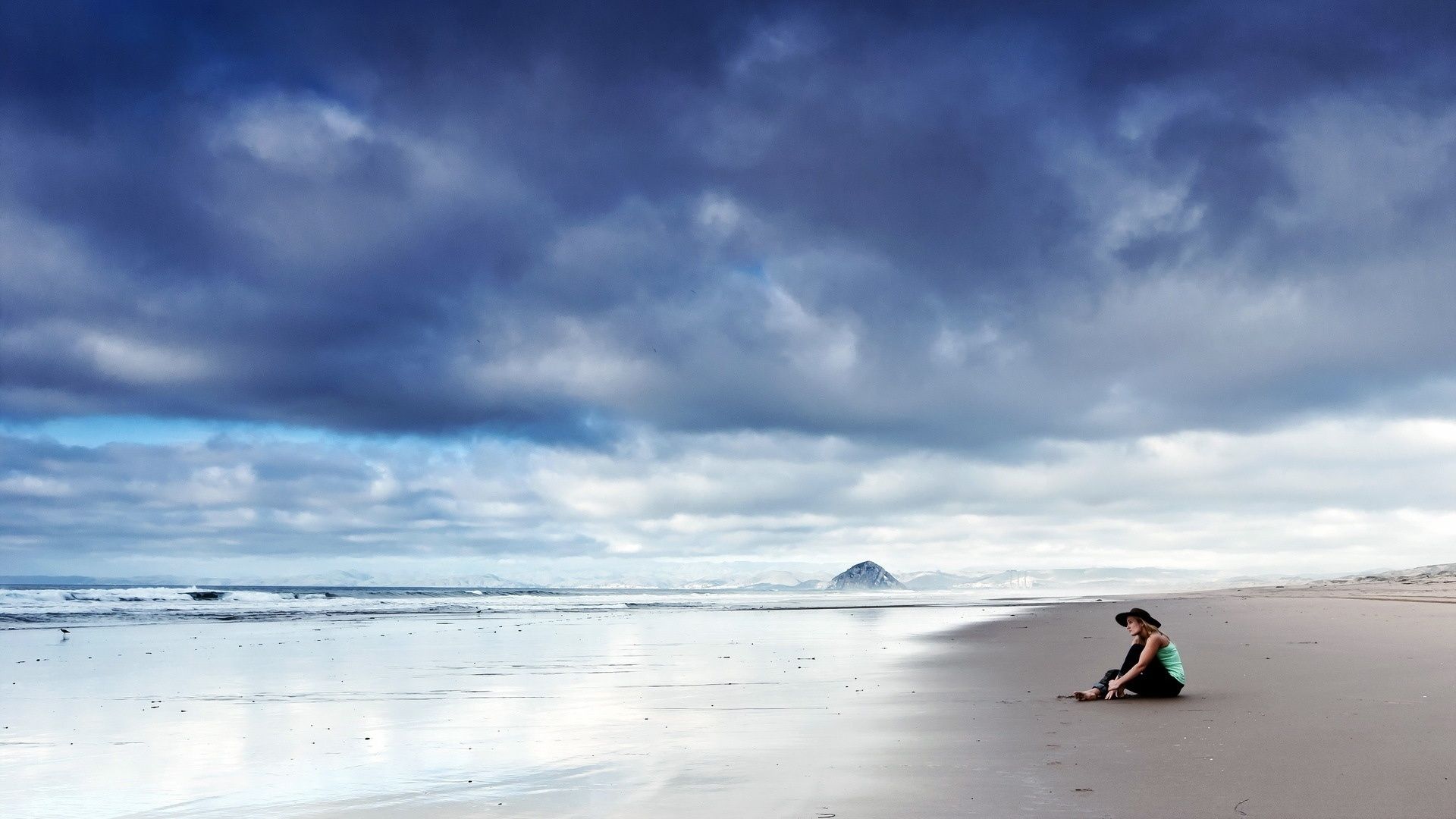 Wallpaper lonely, girl, ocean, beach, clouds desktop wallpaper