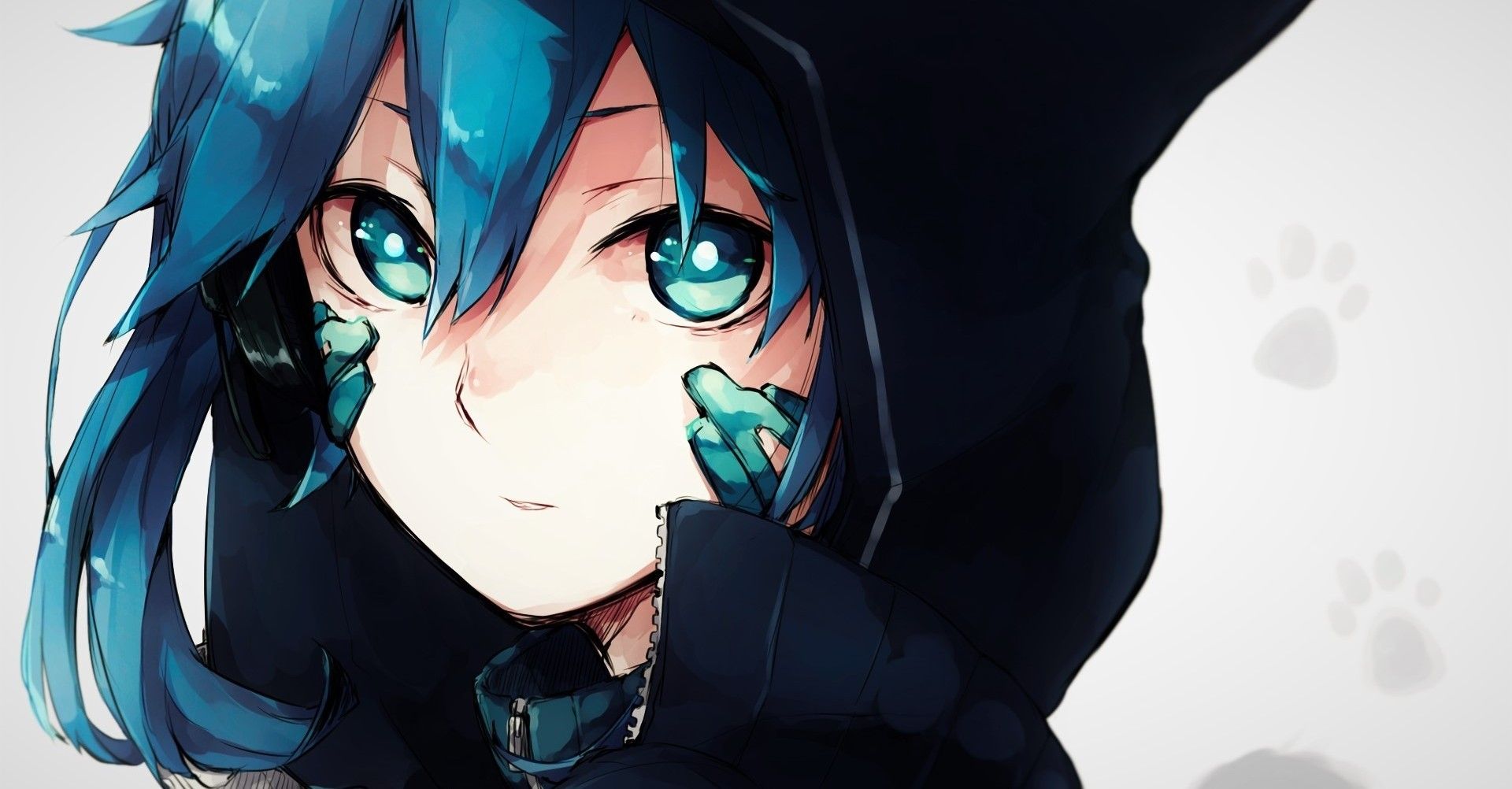 Download 1920x1002 Anime Girl, Hoodie, Blue Hair, Close Up Wallpaper
