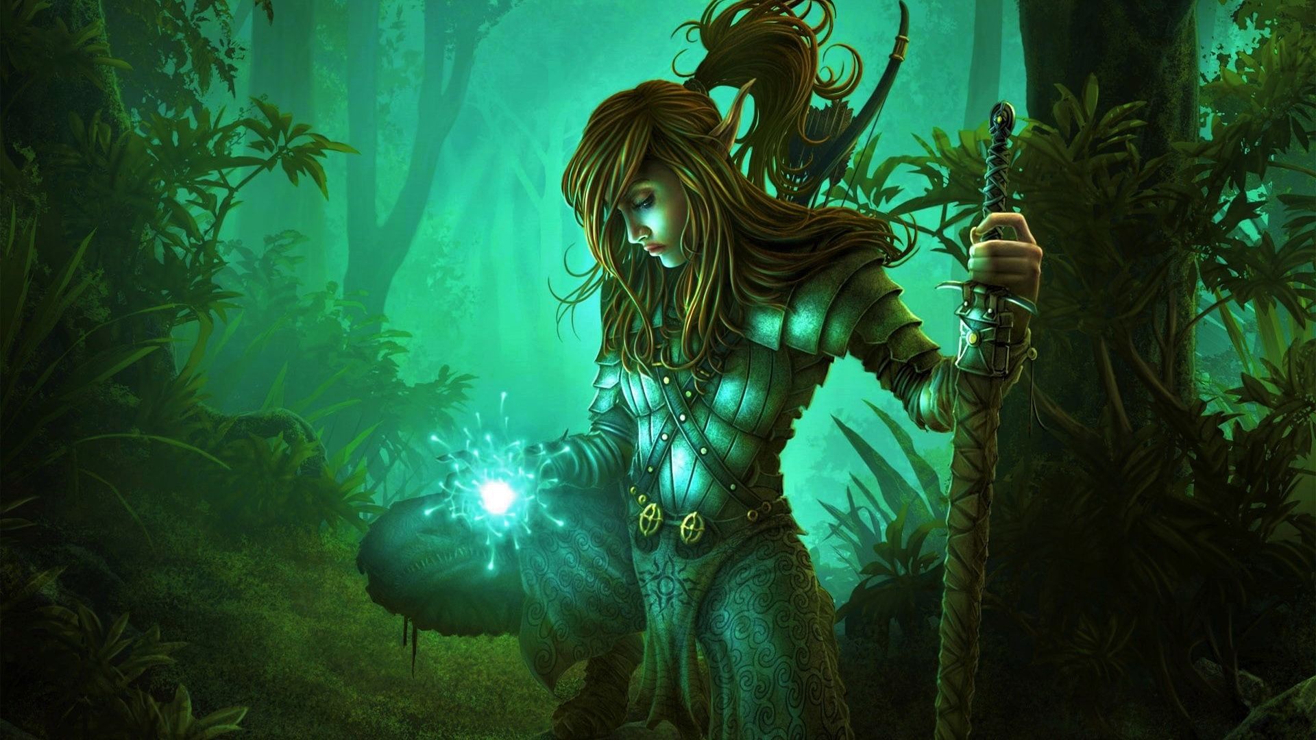 Wallpaper Fantasy, Girl Warrior, Dark, Jungle Elf Cleric
