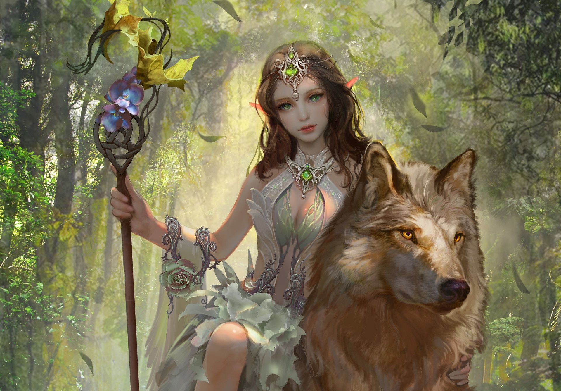Elf with Staff riding her Wolf HD Wallpaper. Background Image